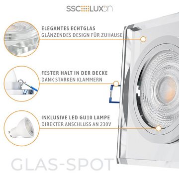 SSC-LUXon LED Einbaustrahler LED Einbaustrahler Glas quadratisch, klar & spiegelnd mit 6W GU10, Warmweiß
