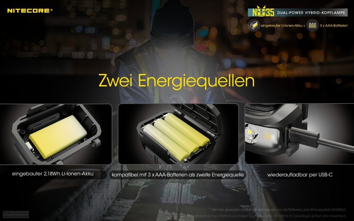 (1-St) IP66 NU35 Hybrid - Dual - LED Nitecore 460 LED Taschenlampe LED Lumen Stirnlampe - Power