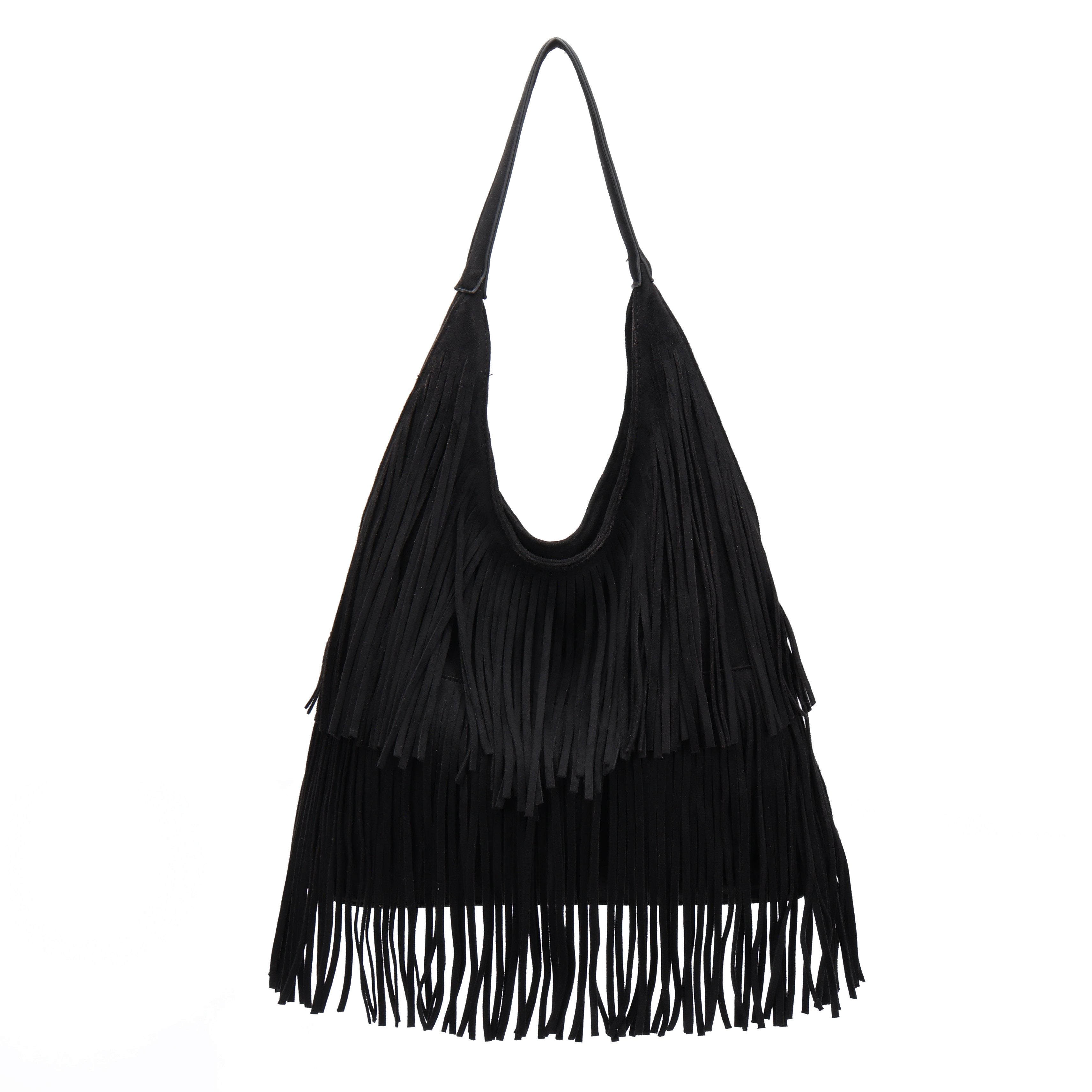 MIRROSI Shopper Damen Fransen Schultertasche Wildleder-Optik aus Polyester (Boho Hobo Bag mit Reißverschluss & Innenfach, ca. 39 x 12 x 33 cm), Neue Kollektion Herbst/Winter 2026