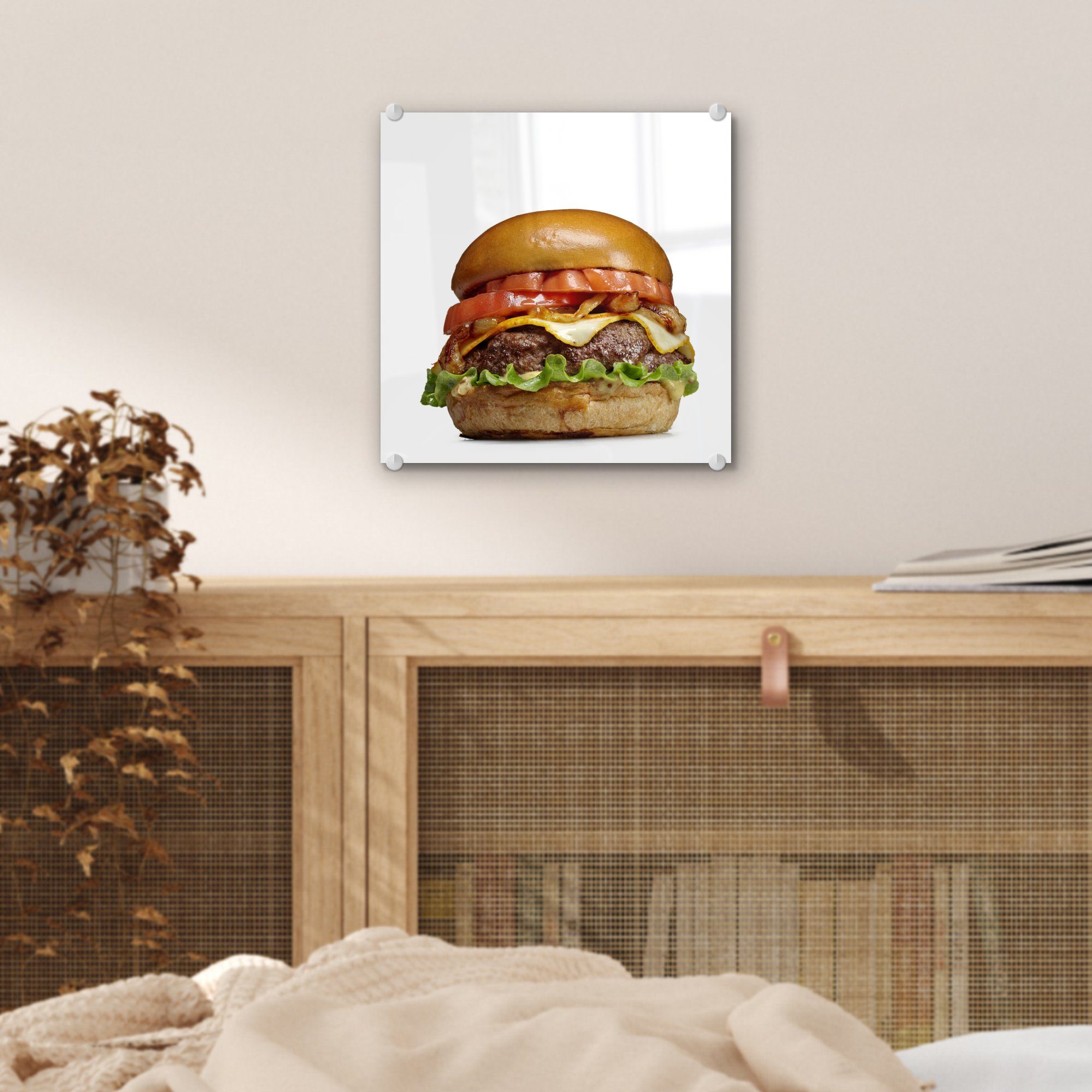 MuchoWow Acrylglasbild Hamburger mit frischen Glas Glas Wanddekoration - Wandbild - (1 Bilder Foto Zutaten, auf Glasbilder - auf St)