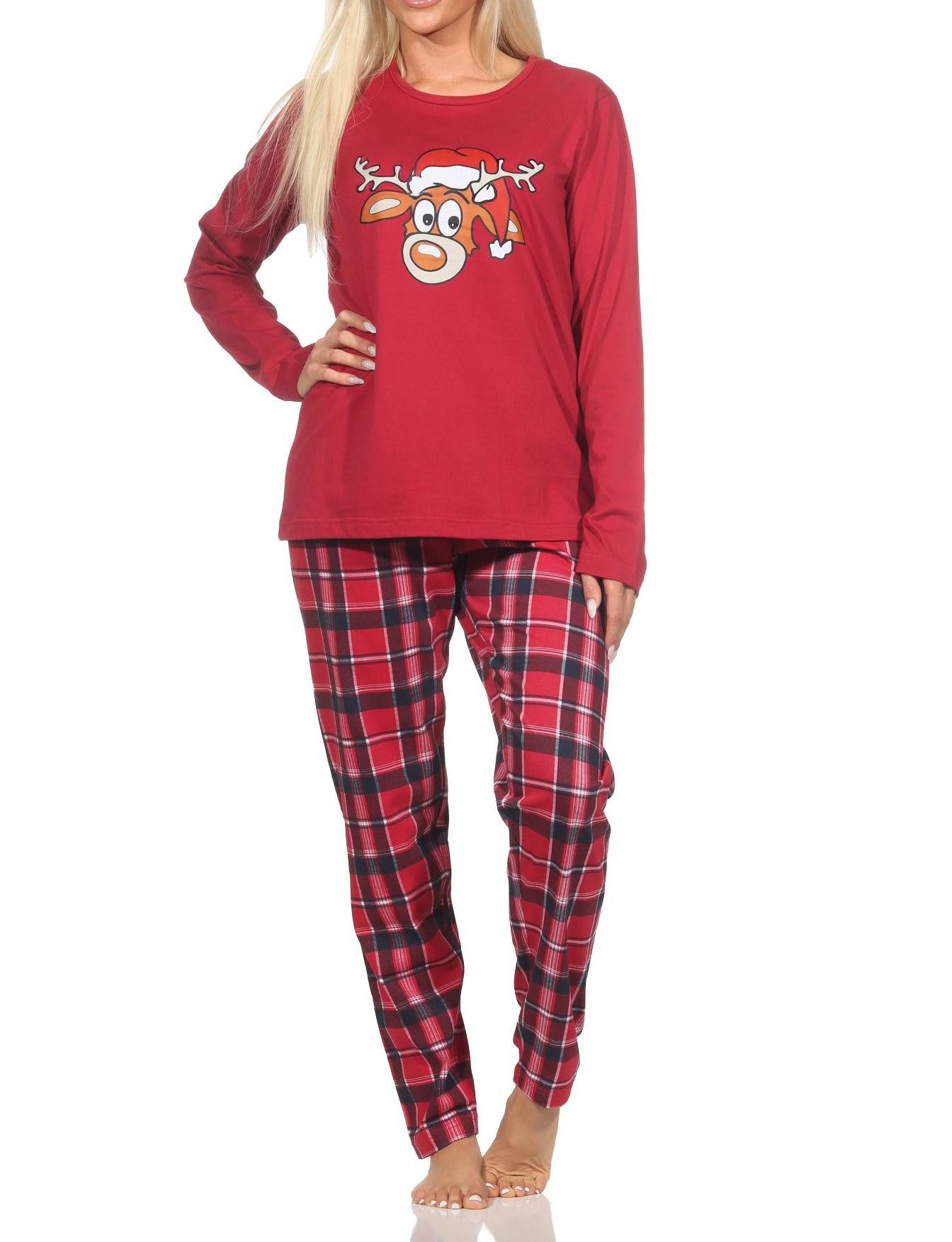 Normann Pyjama Damen Weihnachts Schlafanzug Pyjama mit lustigen Renntier Motiv