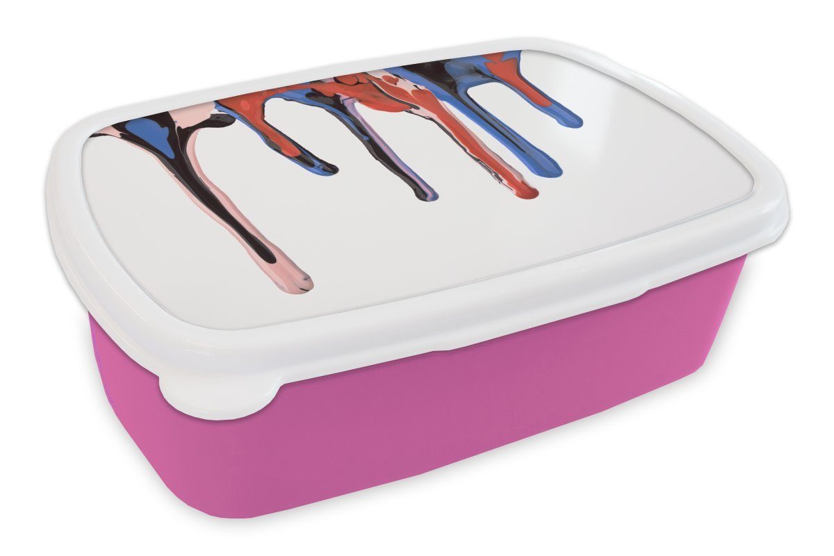 rosa Lunchbox Kunststoff, MuchoWow (2-tlg), Brotbox Tropfende Kunststoff Brotdose für Mädchen, Kinder, Erwachsene, bunte Farbtropfen, Snackbox,