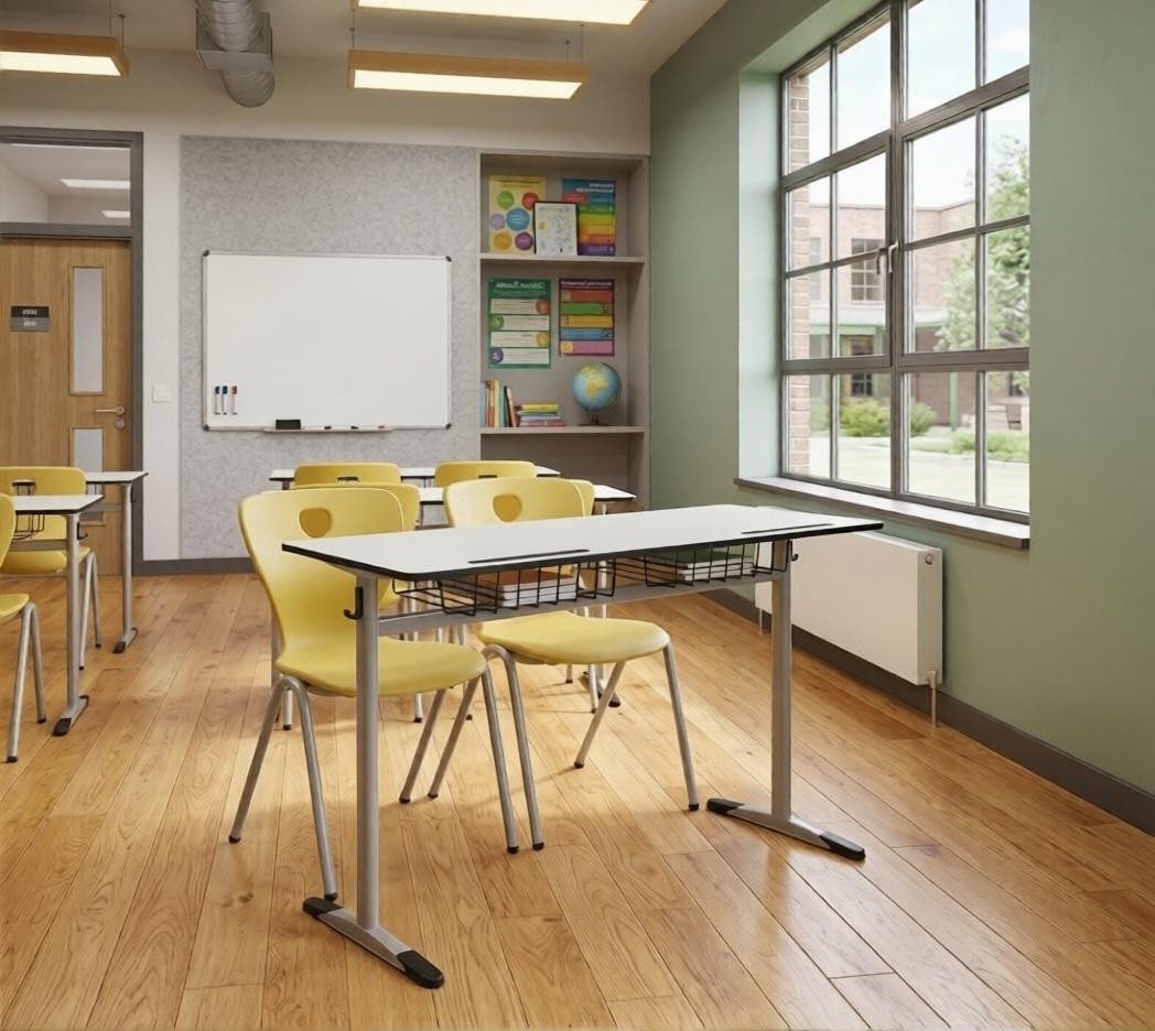 Xlmoebel Schreibtisch Ergonomisches Schulset in Grau mit gelbem Doppelsitzstuhl (Schulset, 3-St., Ergonomisches Schulset Grau/Gelb), Made in Europa