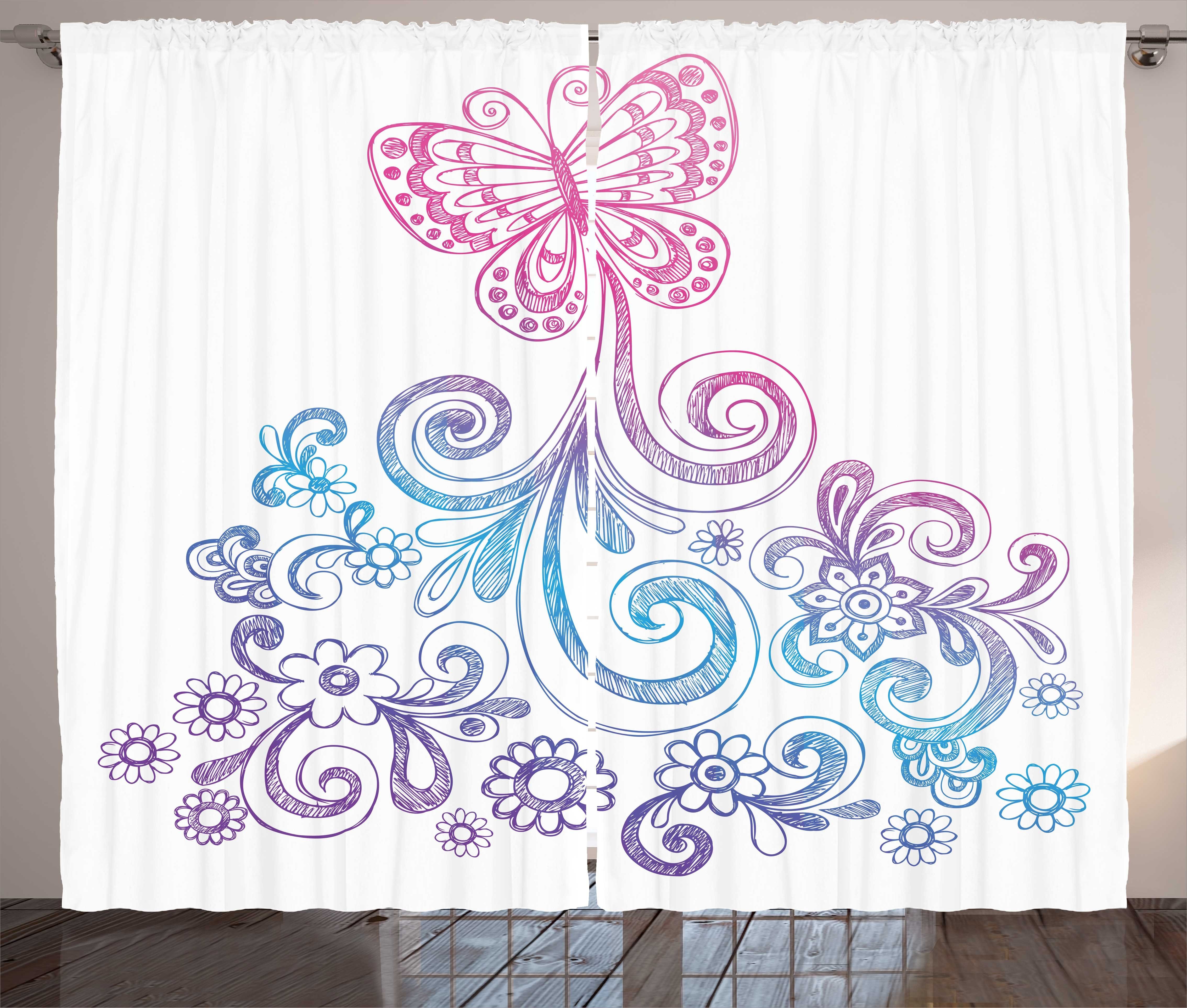 Gardine Schlafzimmer Kräuselband Vorhang mit Schlaufen und Haken, Abakuhaus, Skizze-Kunst Schmetterlings-Blumen-Strudel