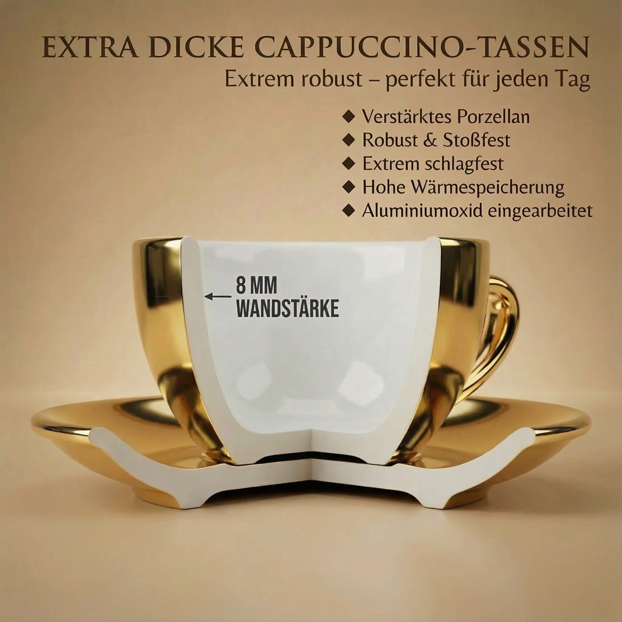 MUVELL Cappuccinotasse 6er Cappuccino-Set "FLORENZ" Tasse 200ml + Untertasse, gold, 6-tlg., Keramik, 200 ml robust