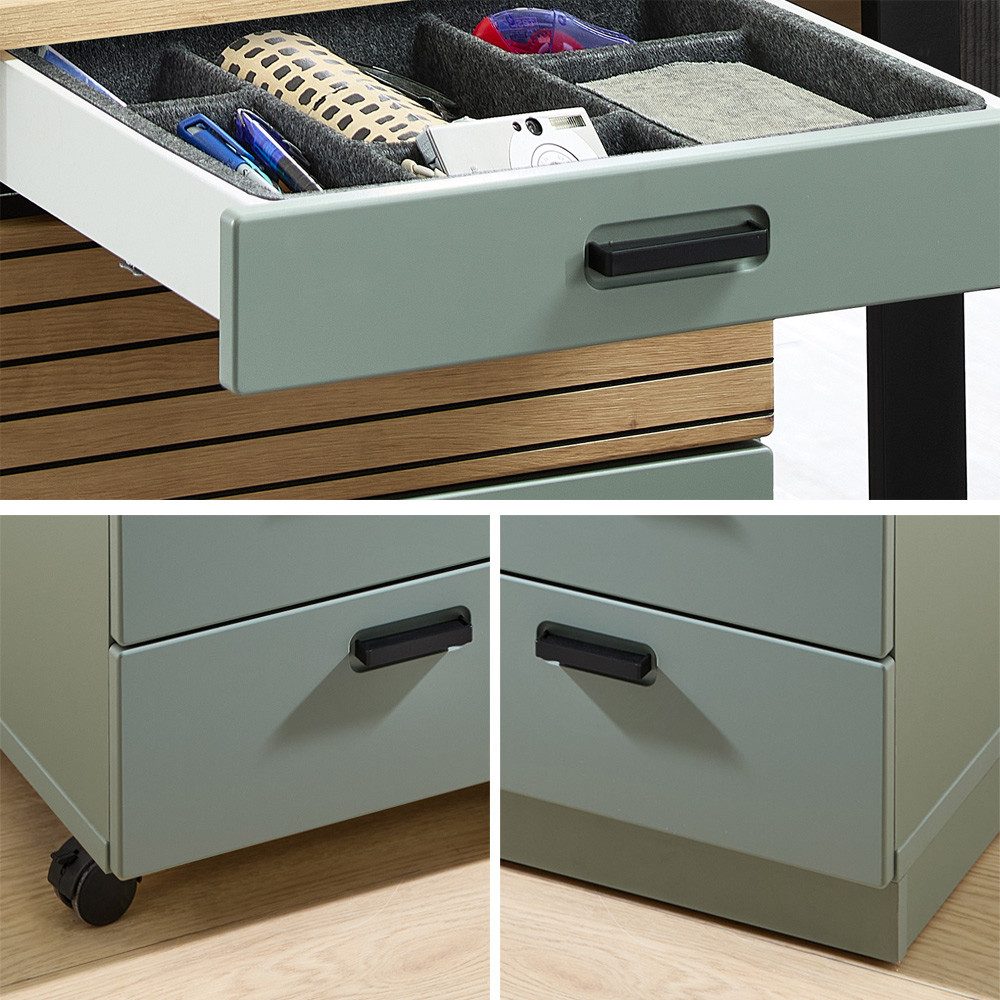 Lomadox Rollcontainer GLENDALE-36, Grün matt Eiche Dekor 45 cm Softclose Schubladen Organizer Filz