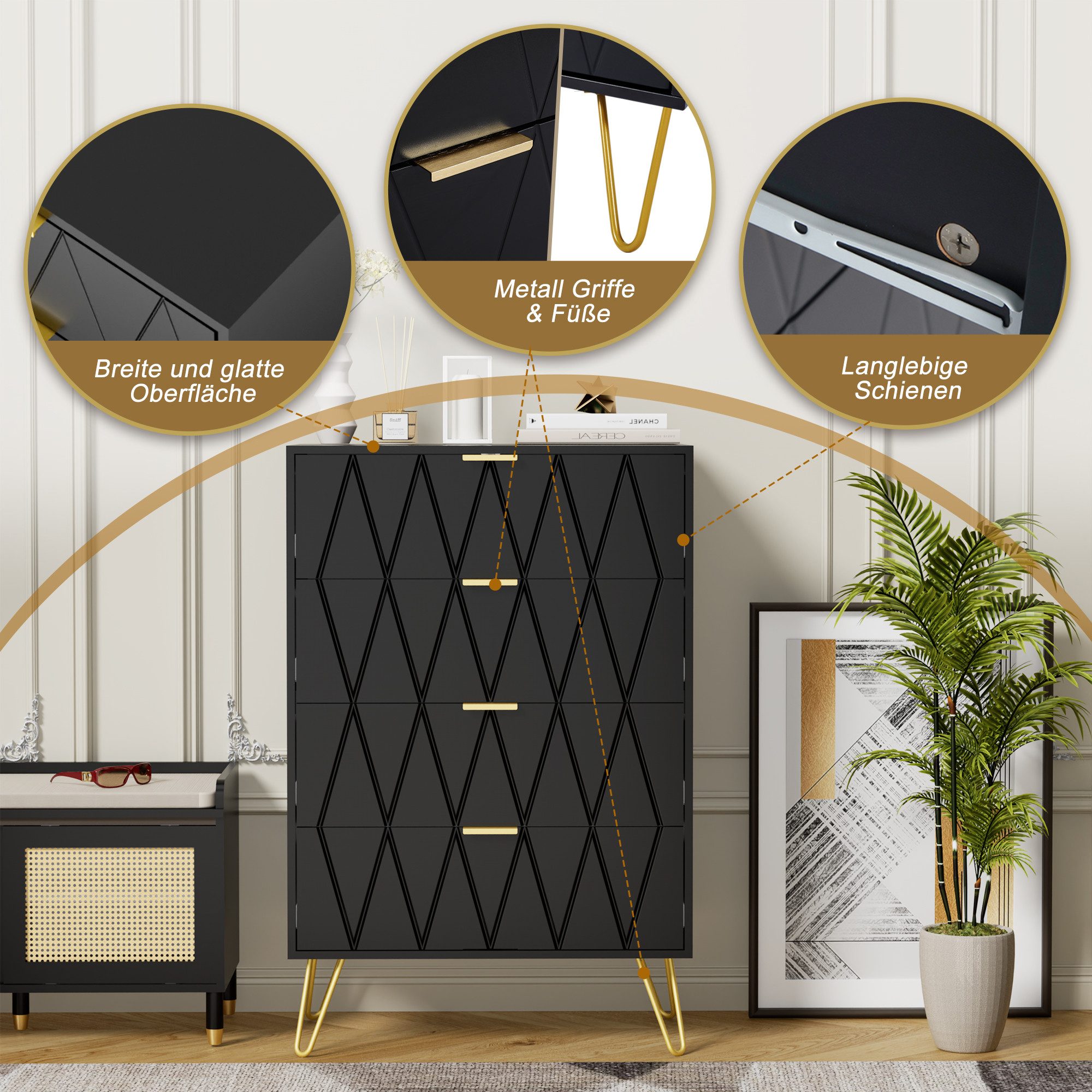 UEV Kommode modern Sideboard schmal Mehrzweckschrank für Kleidung Dokumente (Packung, Kommode mit 4 Schubladen 2er set, 120 x 34 x 91 cm), Schmal Beistellschran – Bild 5 von 5