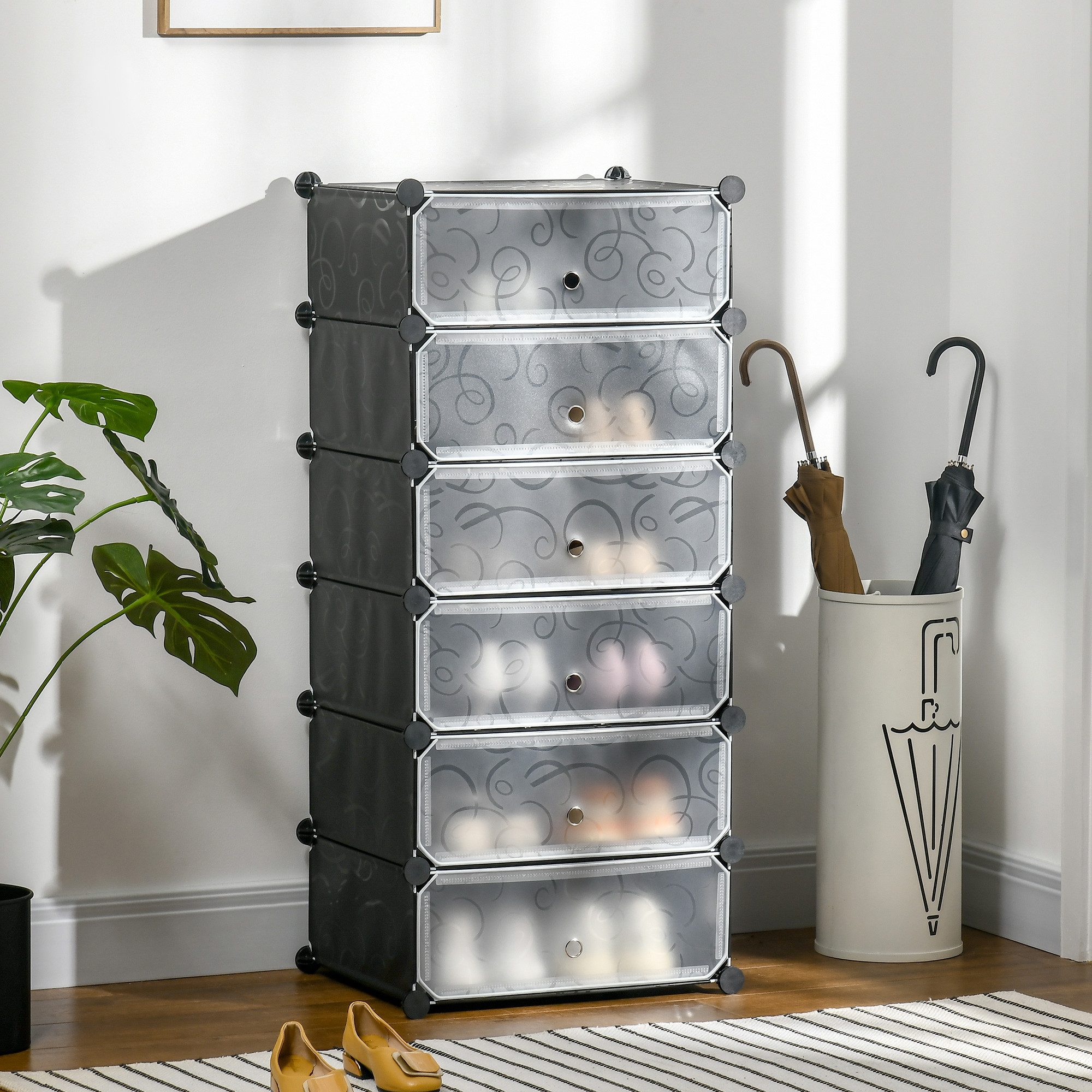 HOMCOM Schuhregal Schuhboxen 6er Set Schuhkarton stapelbar DIY Schuhorganizer, Schuhregal 1-tlg., Kunststoff Stahl Schwarz+Weiß 49 x 36,5 x 108 cm