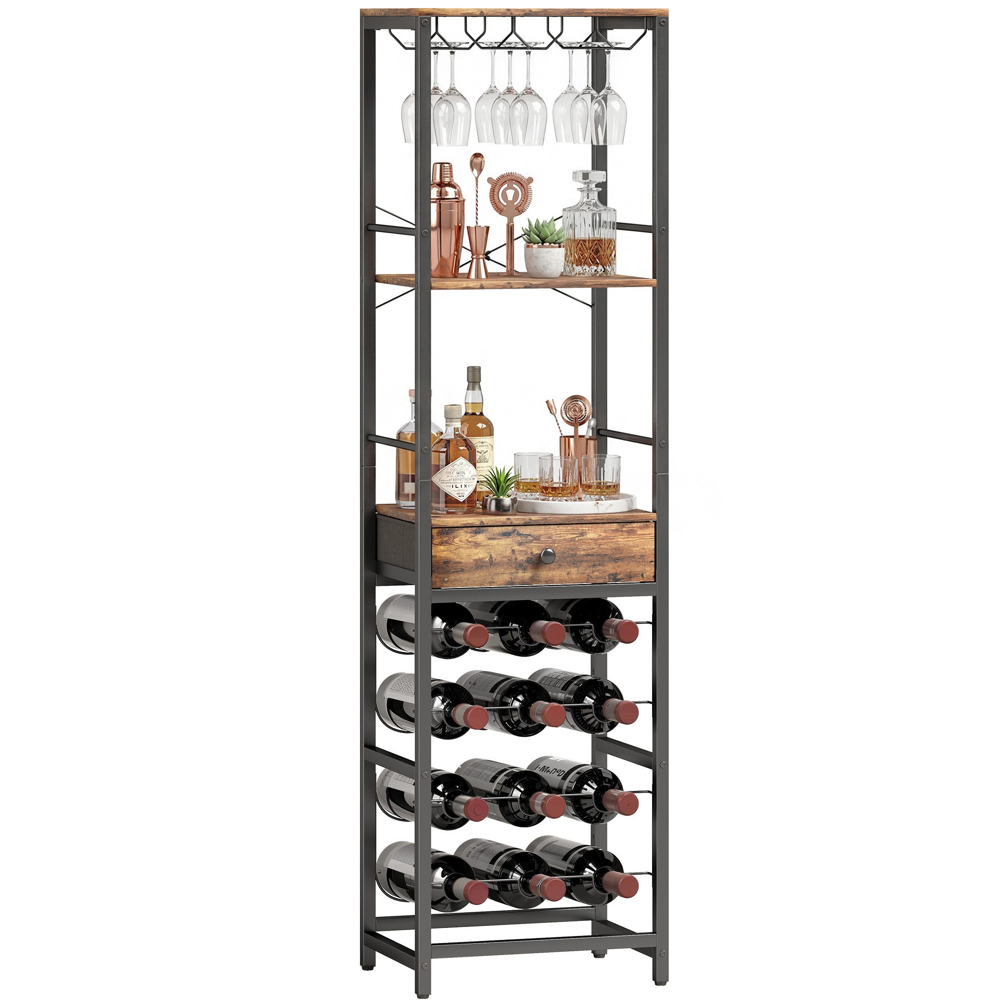 HOMCOM Weinregal, Weinhalter 1-tlg., Platz für 12 Flaschen, 9 Gläser, Schublade, Regal, Bar