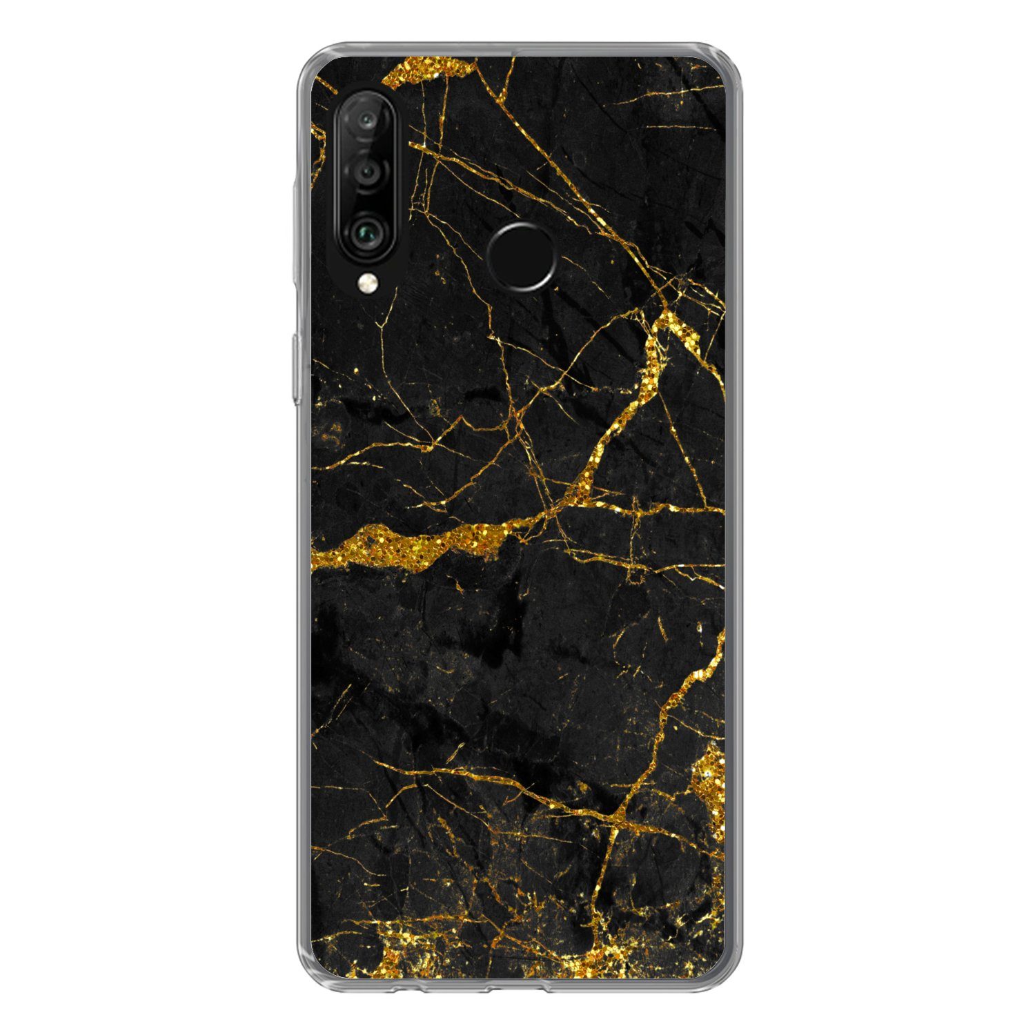 MuchoWow Handyhülle für Huawei P30 Lite Marmor - Gold - Schwarz - Marmoroptik - Luxus - Gl, Handy Case, Silikon, Bumper Case Dünn