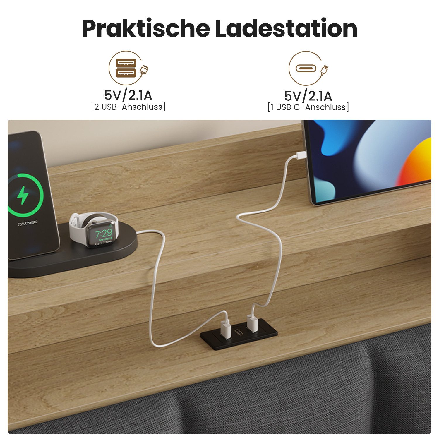 KIMENICH Polsterbett mit LED Beleuchtung und Ladefunktion (1-tlg., Ohne Matratze), Jugendbett Hydraulisches Stauraumbett, 160x200 cm – Bild 4 von 5