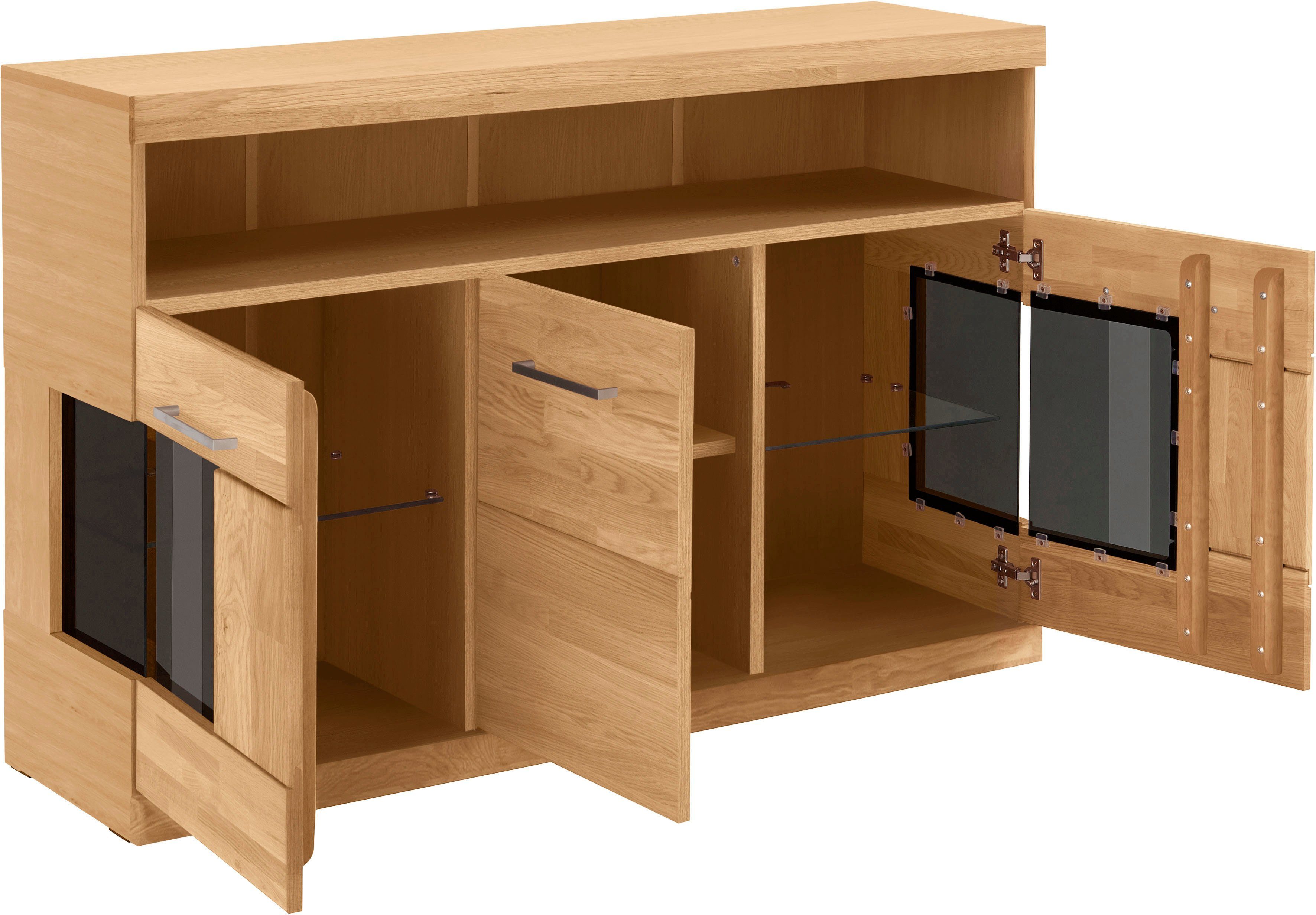 OTTO home Sideboard Ribe,130cm breit,Fronten Massivholz,2Türen mit gehärtetem Glaseinsatz, Korpus aus Holzwerkstoff, Metall Griffe,7 Fächer, Böden versetzbar