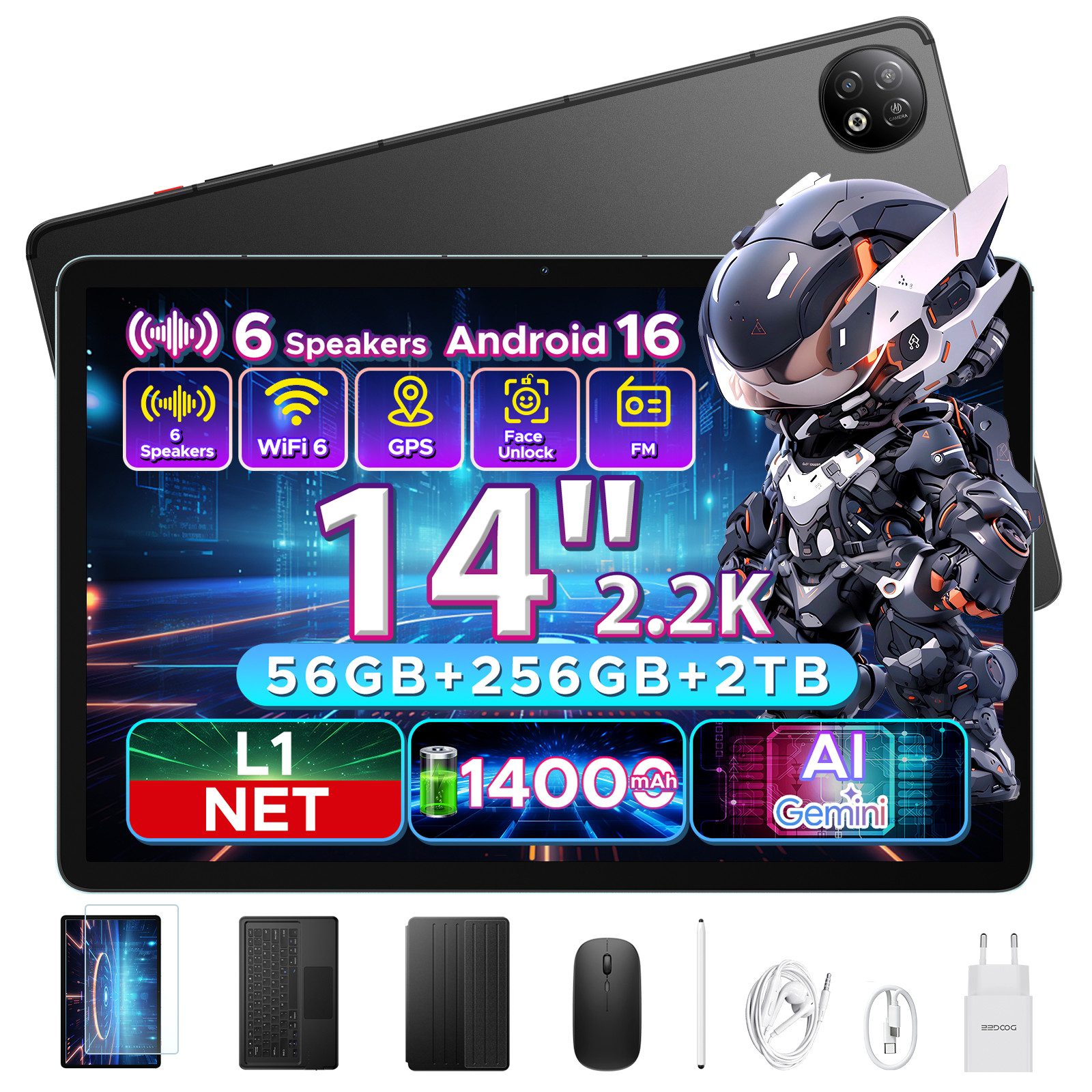 DOOGEE U14 Android 16 Tablet 14 Zoll, 14000mAh, 90Hz, 33W, 6GB RAM+256GB Tablet (14", Android 16, RK3576S, Gemini AI, WiFi6, GPS, Sechs Lautsprecher, Zwei Mikrofone)