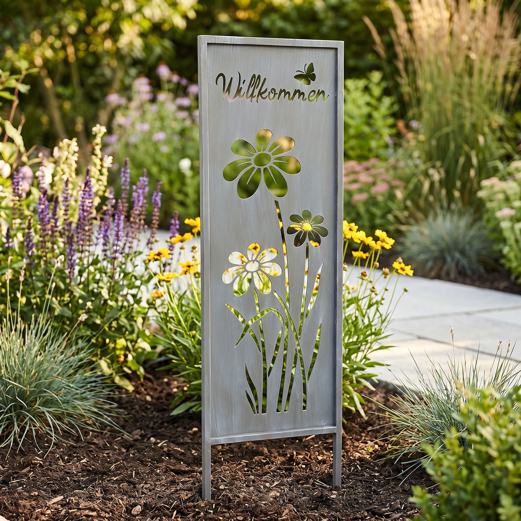 Levandeo® Gartenstecker Gartenstecker Willkommen H83cm Stele Grau Betonoptik Garten-Deko