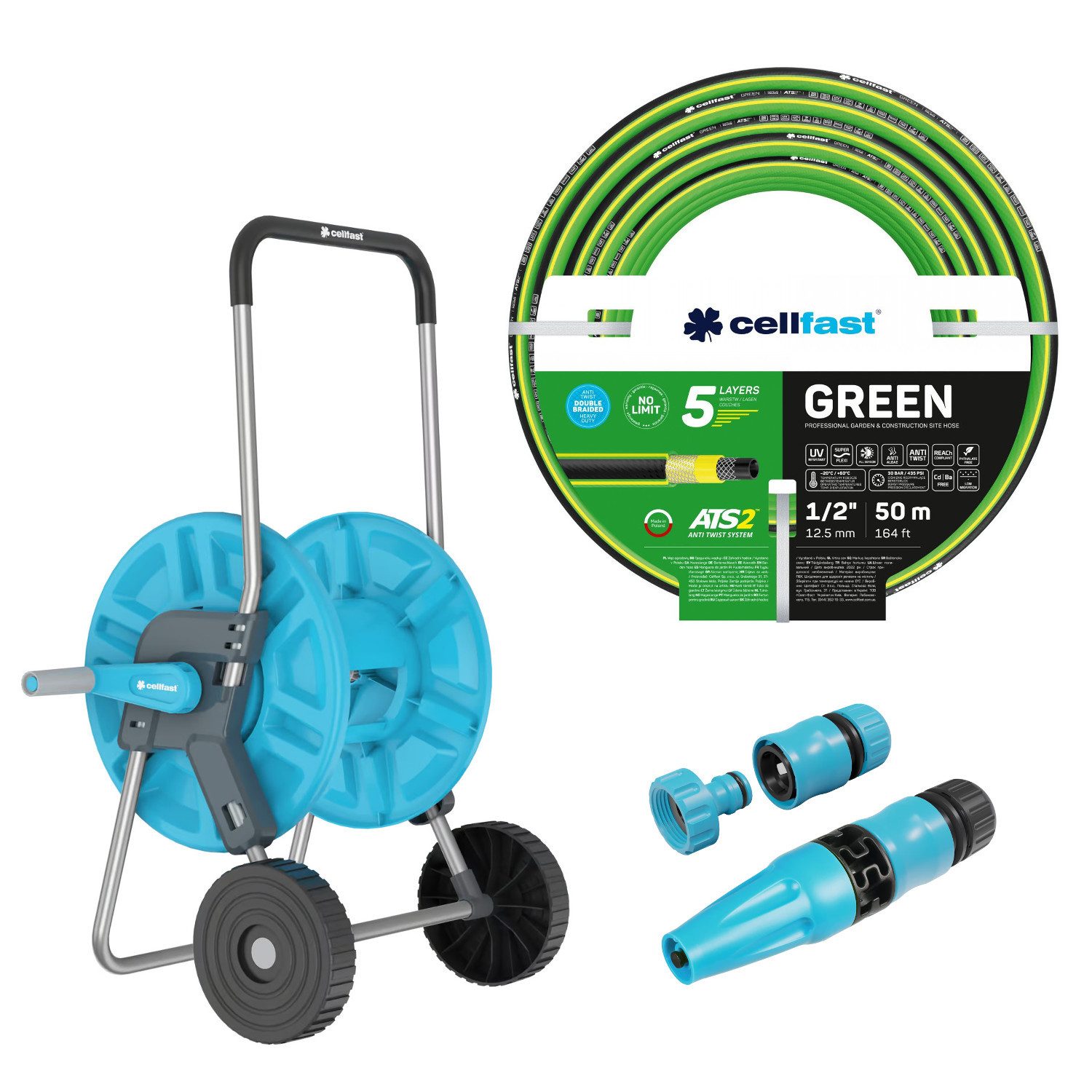 Cellfast Schlauchwagen Aluplus 1/2", Gartenschlauch Green ATS2 50 m, Sprühkopf Basic, All Season, Anti Algae, Anti Twist, UV Resistant