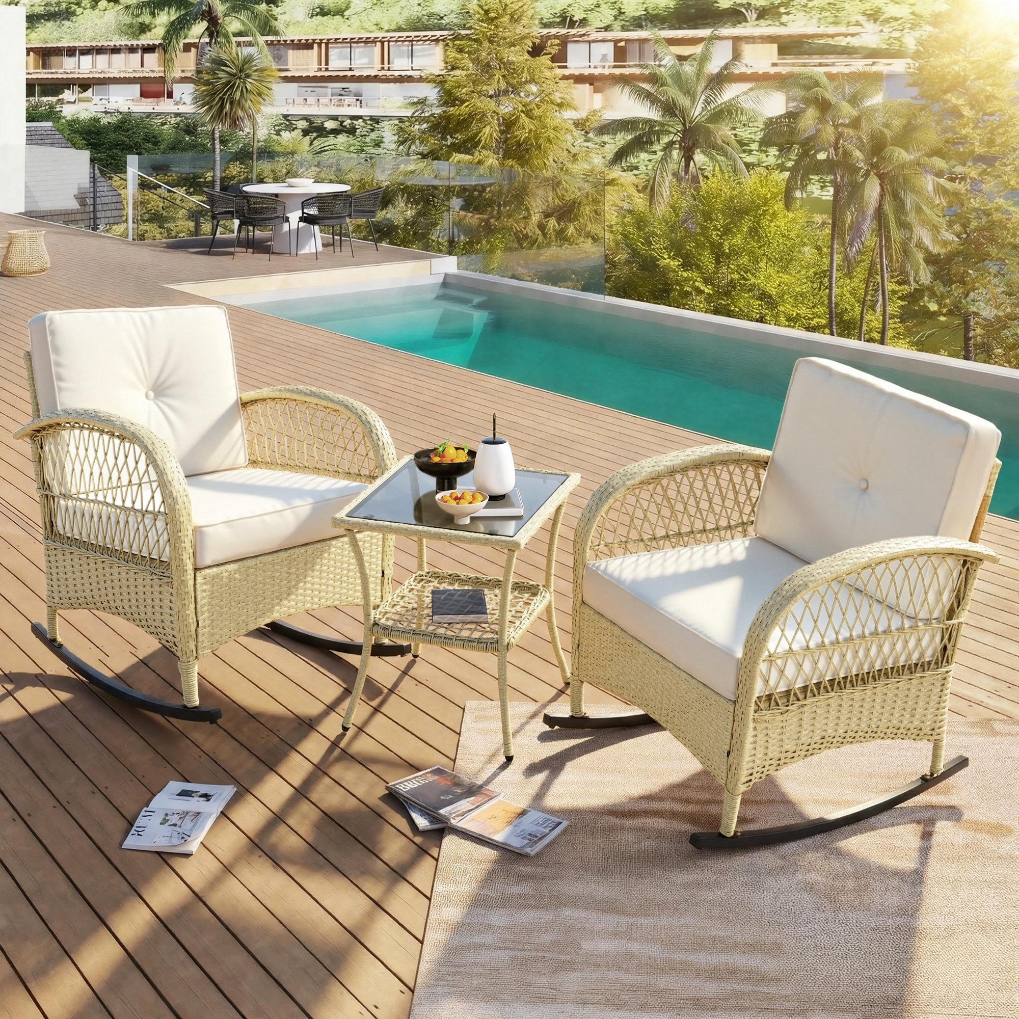 MC Star Gartenlounge-Set Rattan Balkongarnitur (3-teilig), Balkonschaukelstuhl, (mit beigen Kissen, Belastbarkeit 160 kg)