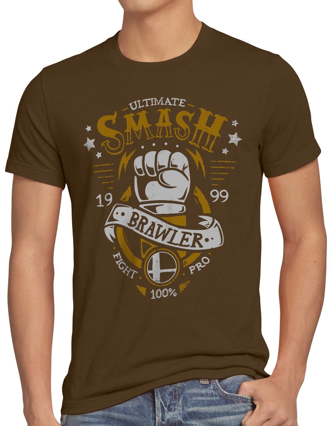 style3 Print-Shirt Herren T-Shirt Smash Brawler Ultimate bros Switch braun