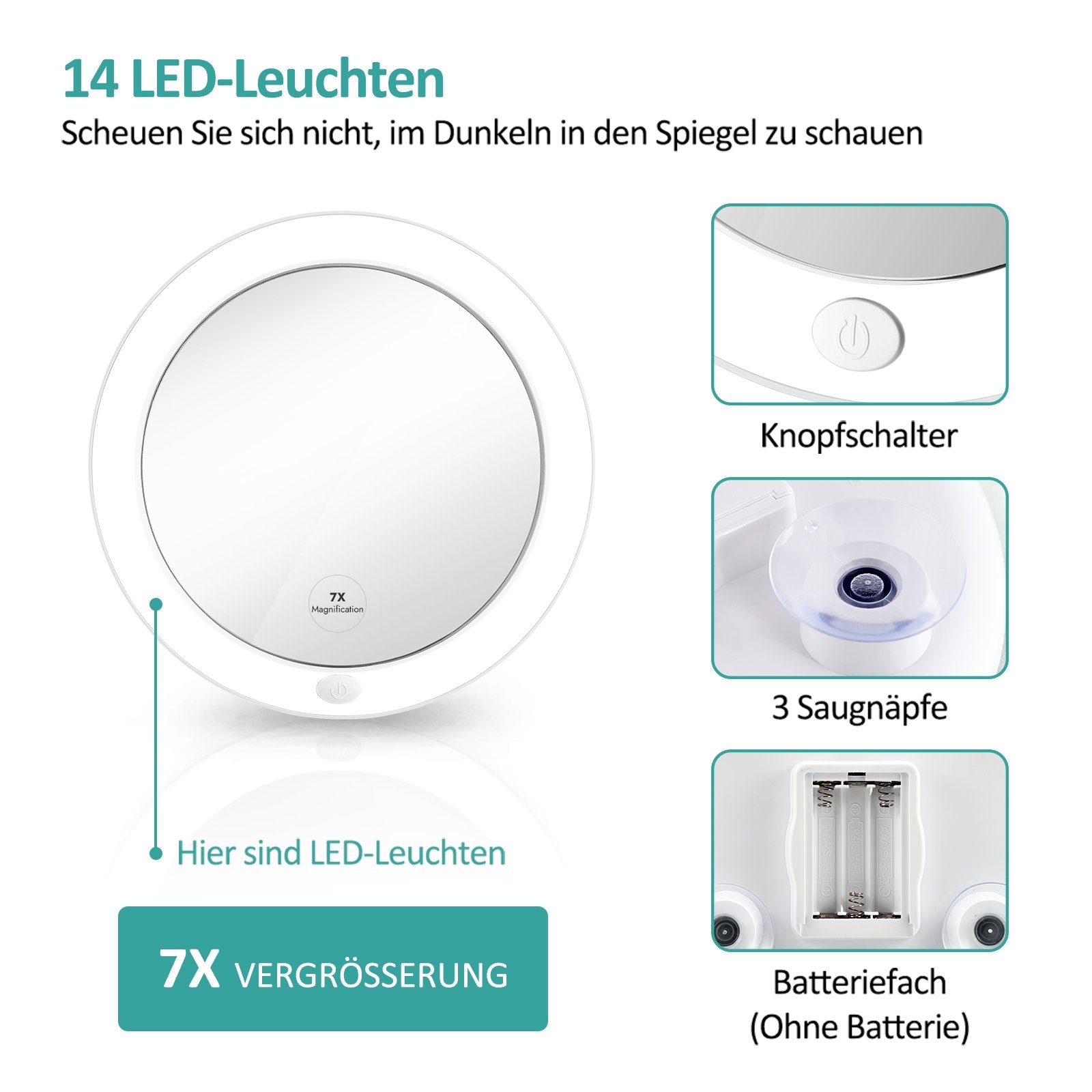 EMKE Schminkspiegel LED Kosmetikspiegel mit Saugnapf 7X Vergrößerung mit Licht, Make up Schmink Spiegel Tragbarer Wandspiegel Batteriebetrieben, Weiß