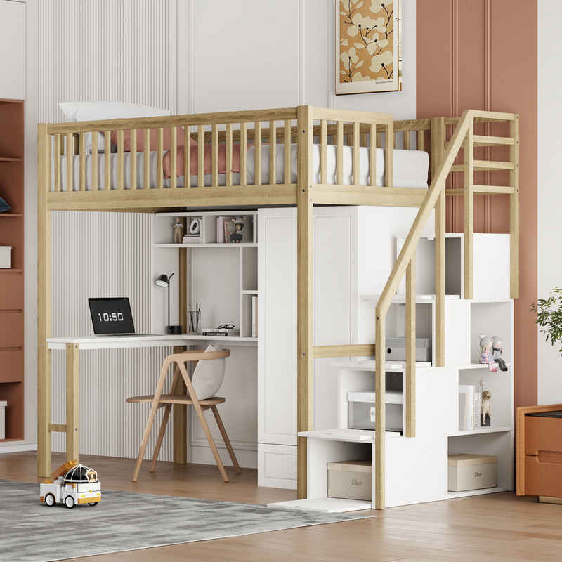 Flieks Hochbett Etagenbett 90x200cm mit Kleiderschrank, Treppe, Schreibtisch und Regal