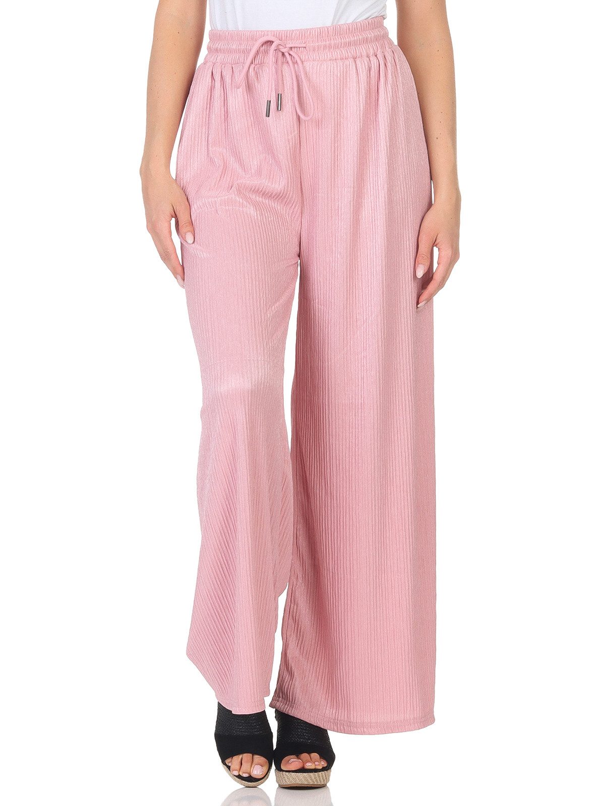 simaranda Marlene-Hose Damen Schlaghose 5020 S-M Rosa mit elastischem Bund, Elastikbund mit Tunnelzug