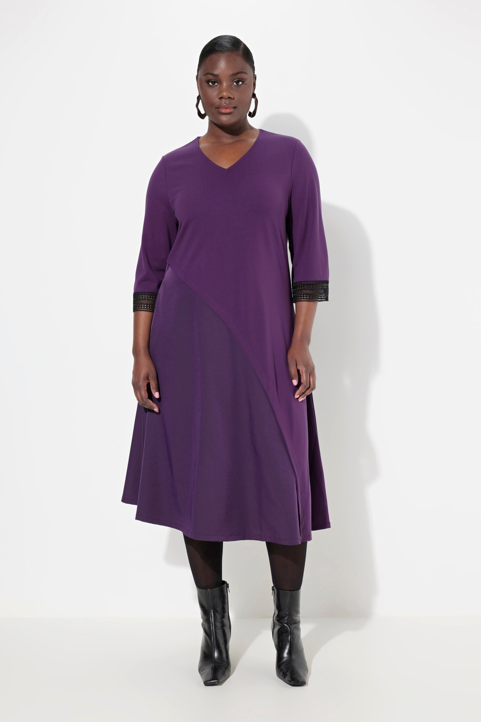 Midikleid Punto-Kleid A-Linie Tafteinsatz V-Ausschnitt