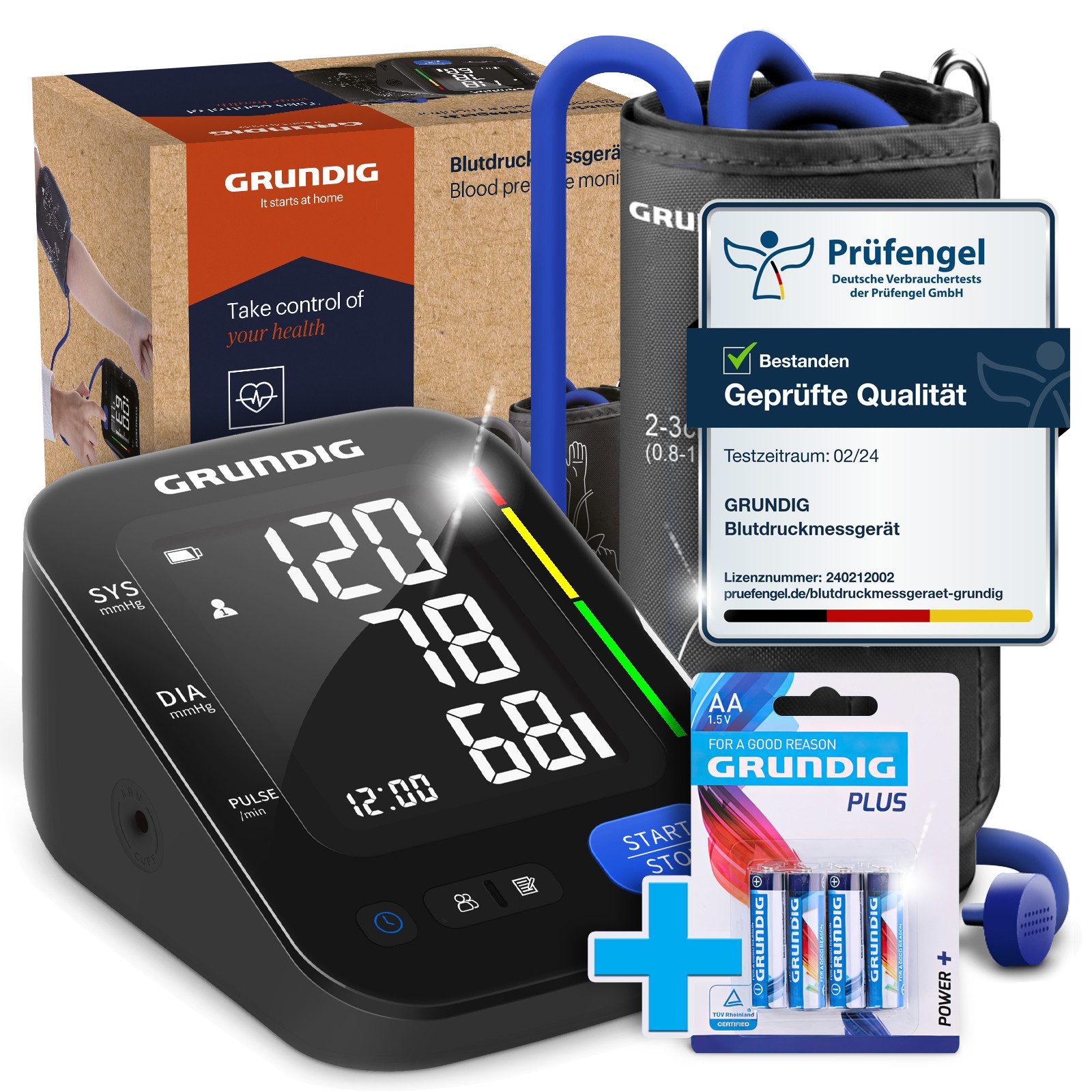 Grundig Oberarm-Blutdruckmessgerät Blutdruckmessgerät Oberarm präzise einfache Bedienung inkl. Batterien