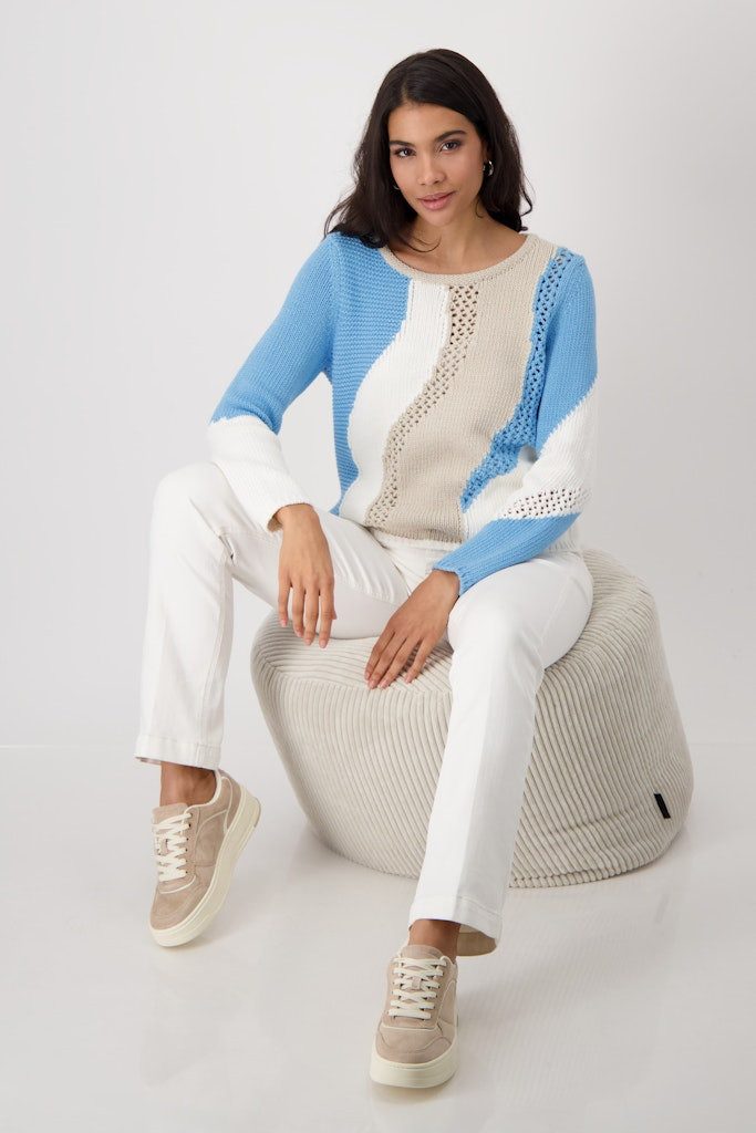 Monari Rundhalspullover Blaues Muster Trendiger Strickpullover mit auffälligem Intarsienmuster