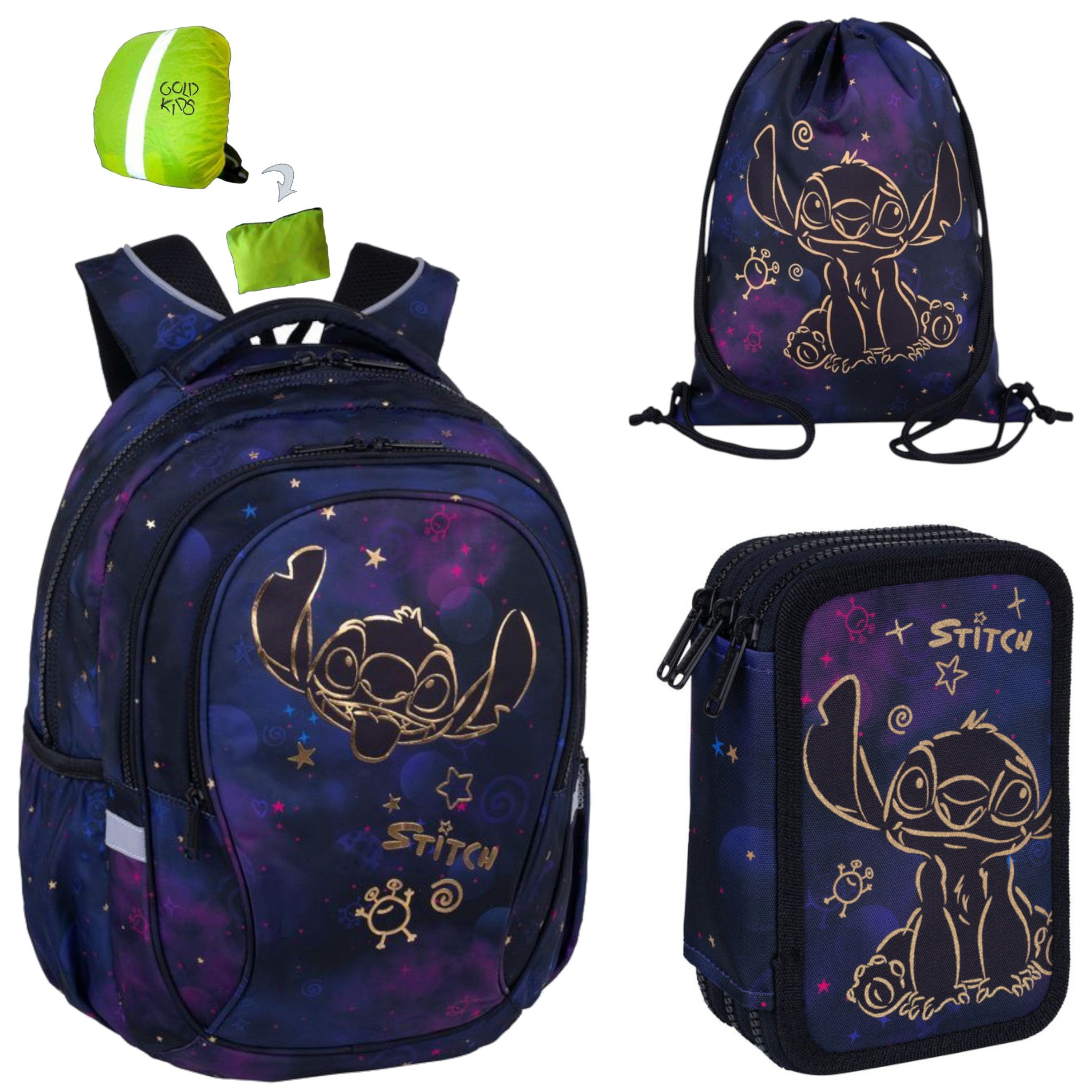 GOLDKIDS Schulranzen für Jungen und Mädchen, 4er-Set - (Schul-Rucksack für Kinder mit Federmäppchen, 1-tlg., - Schuhbeutel und Regenschutz), - Stitch Motiv