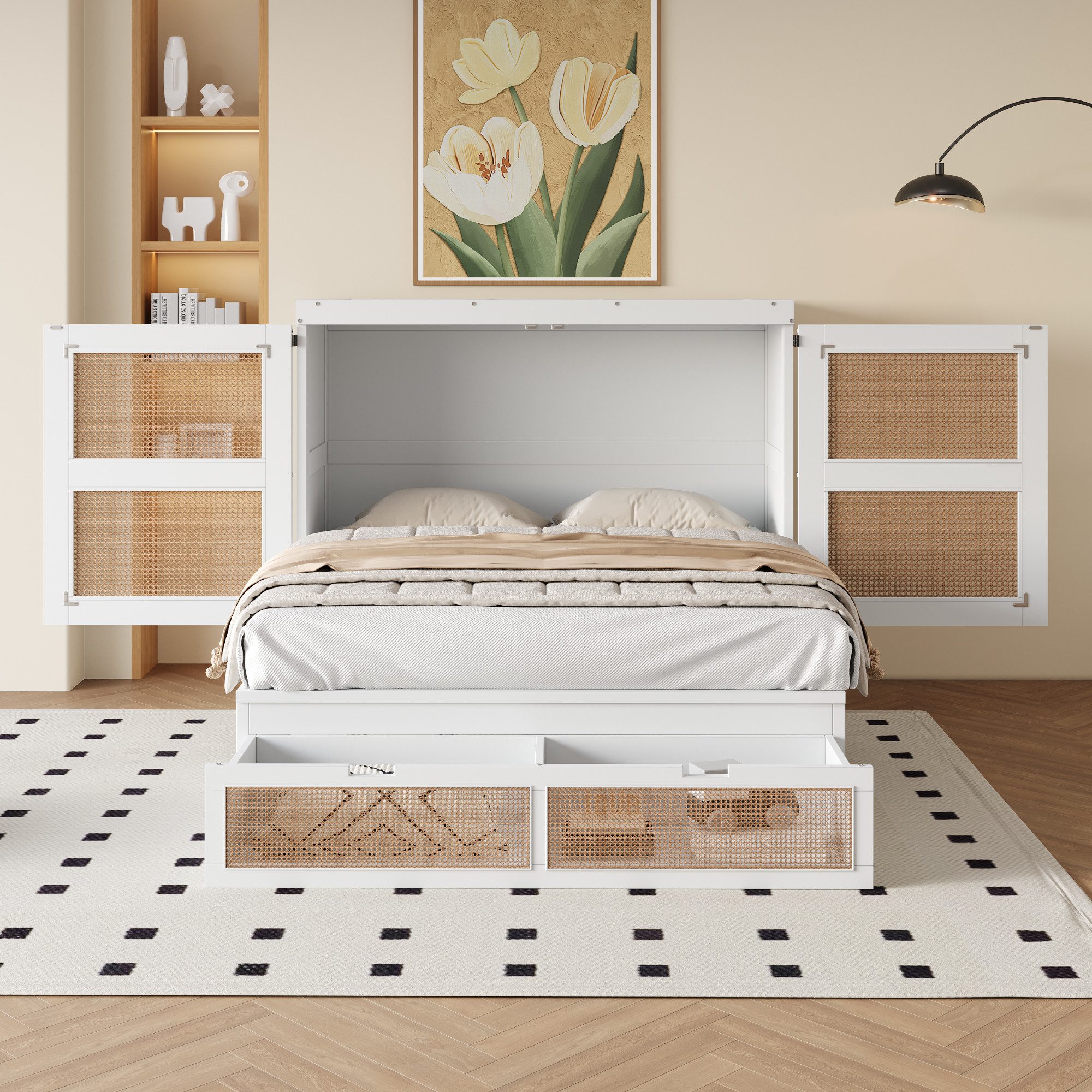 Celya Schrankbett Polsterbett Jugendbett, 140 x 200 cm, Wandbett mit Lattenrost (Jugendbetten, Einzelbetten, mit Stauraumschubladen, Rattan-Design, Holzbetten) Wandklappbett, vertikales schrankbett mit Lattenrost
