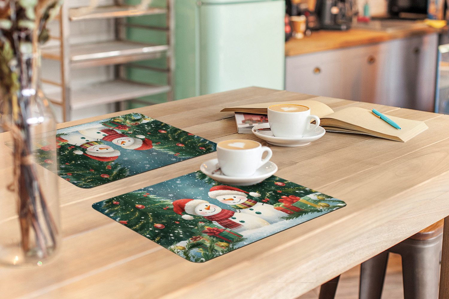 MuchoWow Platzset Schneemann - Weihnachtsschnee - Grün - Rot, (6-St), Platzsets, Tischset, Abwaschbar, Tischsets, Platzdeckchen