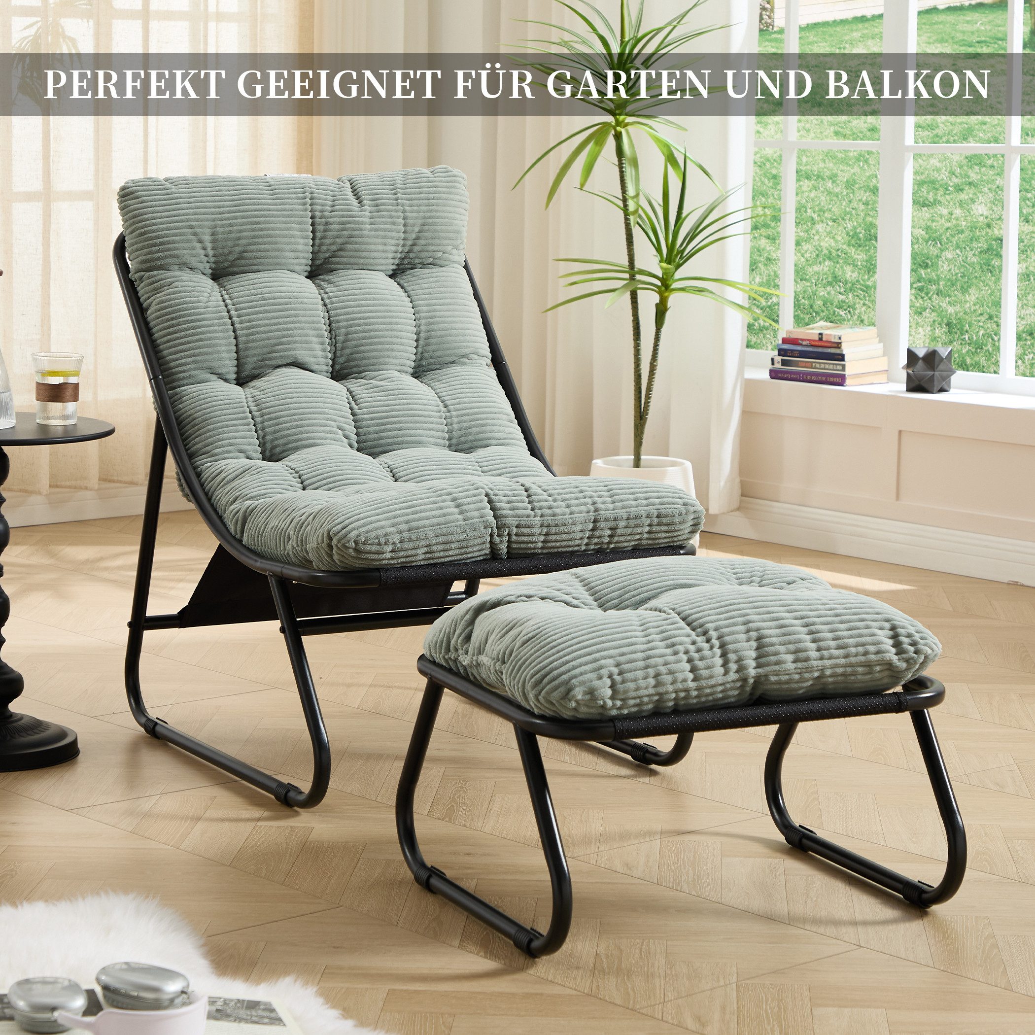 SeedWave Loungesessel mit Ottoman Liegestuhl Stahlgestell Gartenstuhl mit Trennbaren Pölster (bestehend aus Sessel und Hocker), Outdoor Terrassenstuhl für Garten usw. Außenbereich