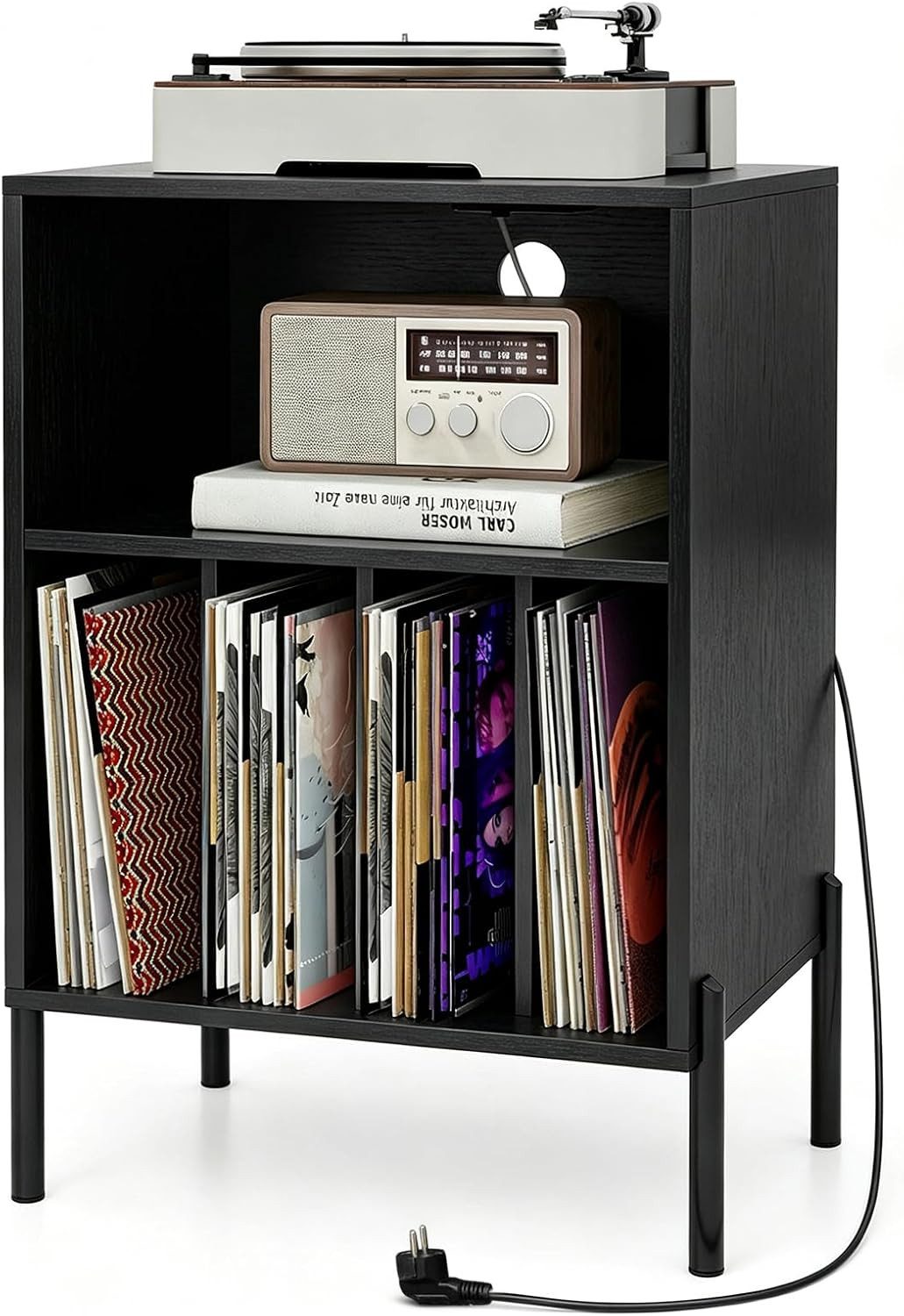 COSTWAY Nachttisch Plattenspieler-Ständer mit Ladestation, Regal