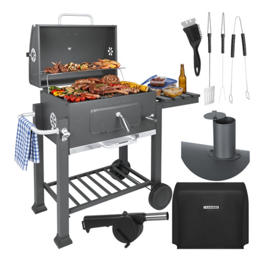 Kaminer Holzkohlegrill Gartengrill Holzkohlegrill, Spar-Set, mit Abdeckung, dickes Stahlblech und Schrauben der Härteklasse 8.8