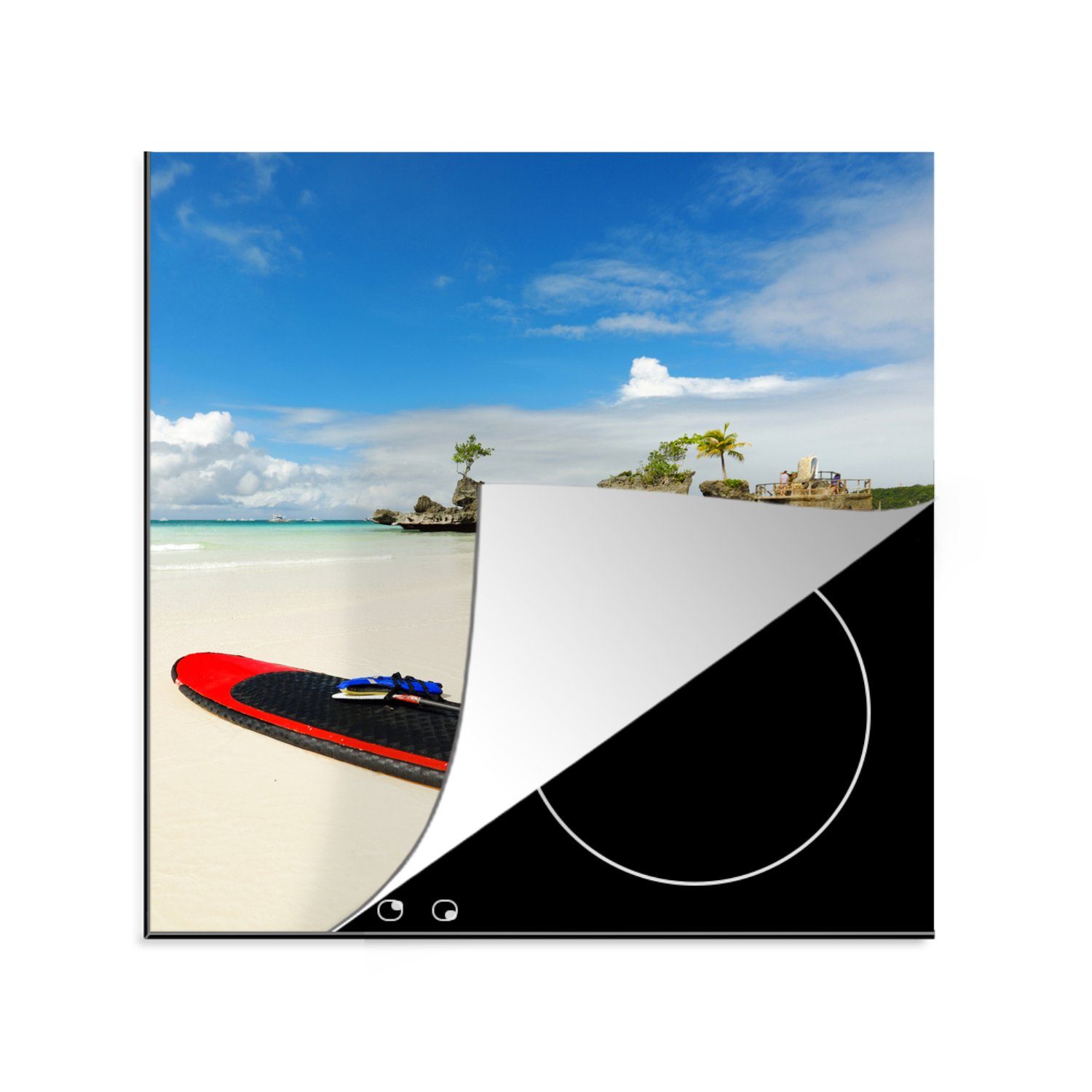 MuchoWow Herdblende-/Abdeckplatte Surfbrett am Strand von Boracay, Vinyl, (1 tlg), 78x78 cm, Ceranfeldabdeckung, Arbeitsplatte für küche