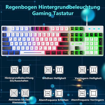 ZIYOU LANG Gaming Farbblock QWERTZ German Layout Tastatur- und Maus-Set, Ergonomische Keyboard 6 Tasten 2400 DPI Maus und Mauspad USB Verkabelt