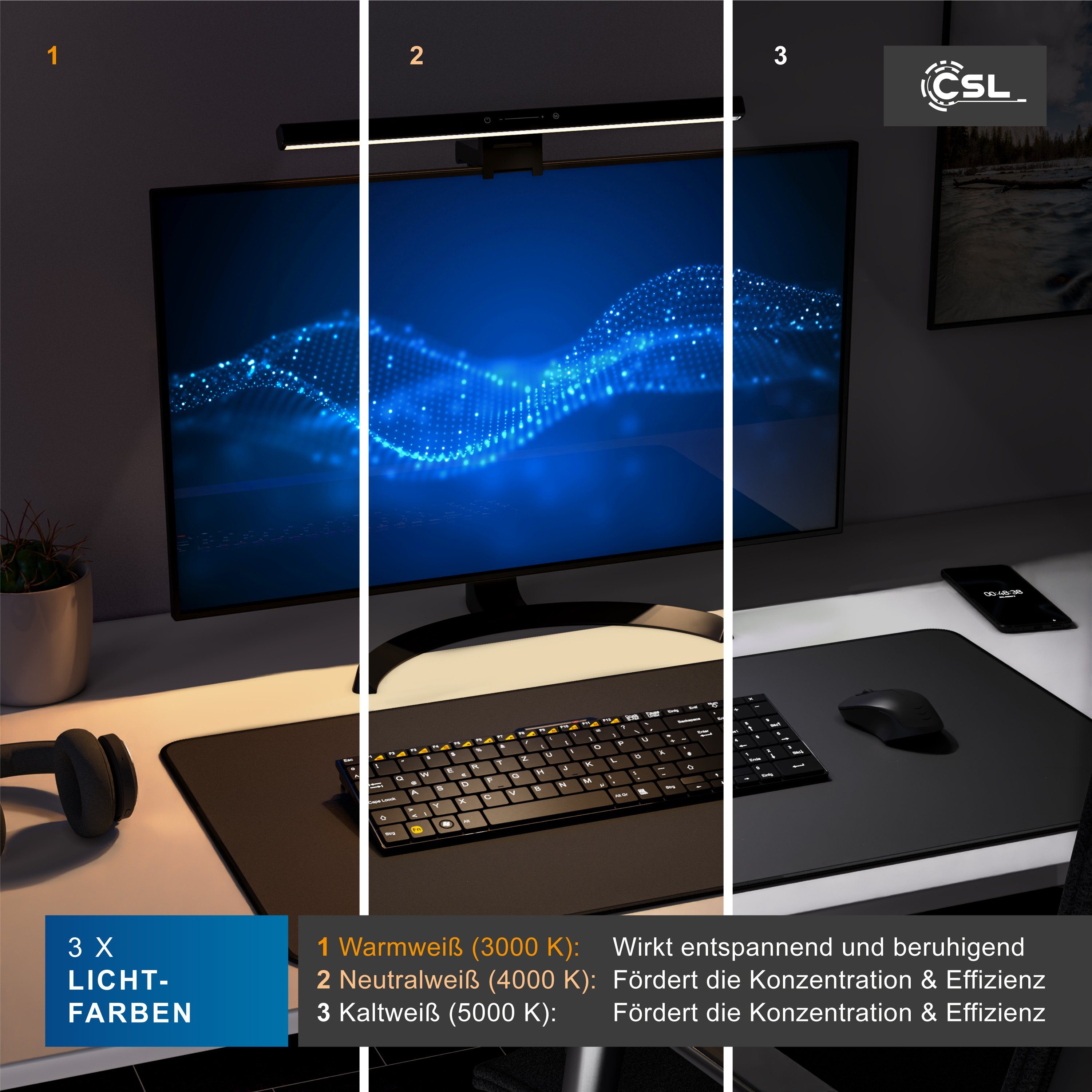 CSL Schreibtischlampe LED Monitor Lampe, Screenbar dimmbar, Monitorlampe, Leuchte, LED Monitorlampe, Bildschirmlampe mit Dimmfunktion, Ein-/Ausschalter, Mehrere – Bild 4 von 5