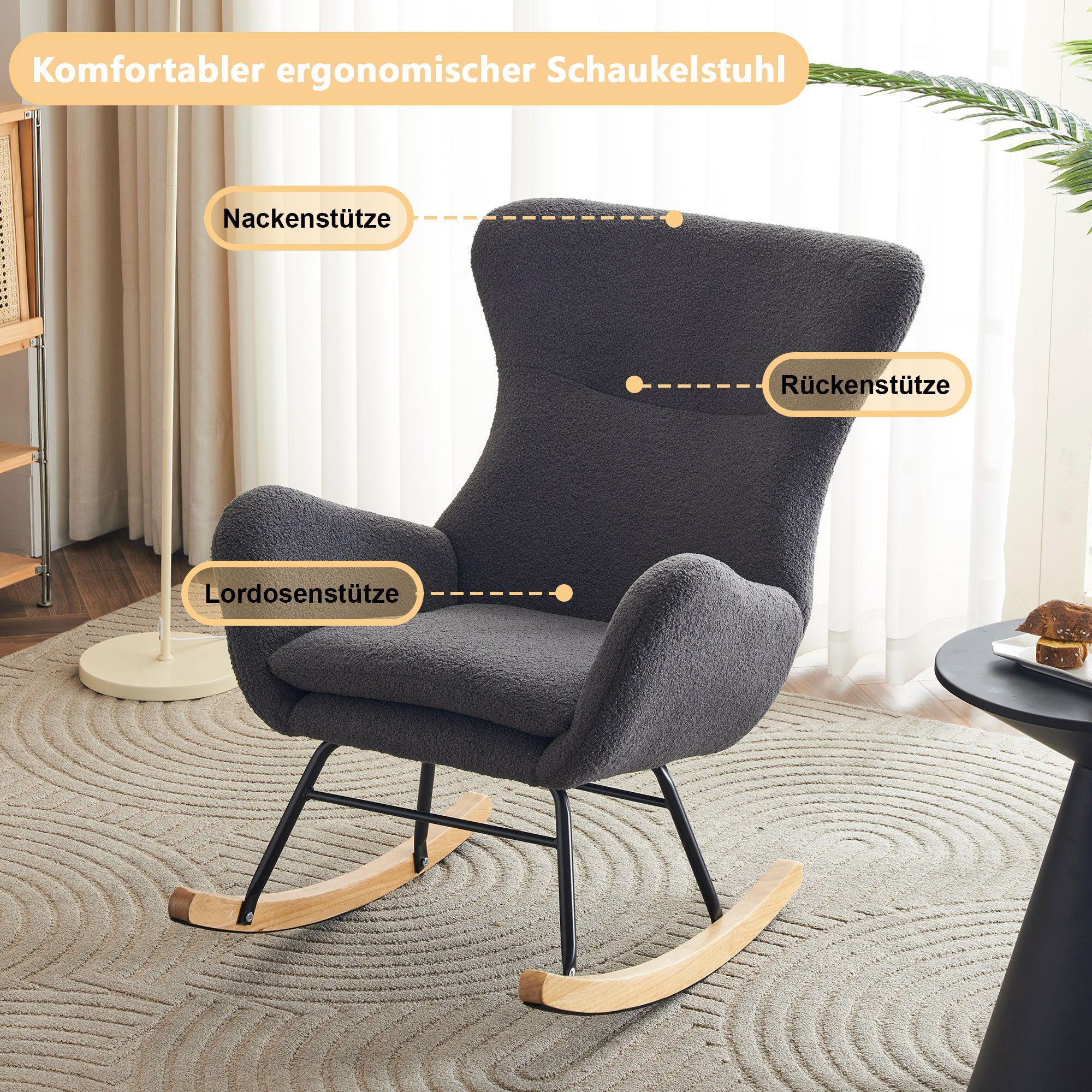 | und Dunkelgrau bis Loungesessel verstellbare Massivholz-Beine Sitzkissen, Rückenlehne HOME kg), Fußstütze Armlehnen, weiß Schwingsessel Dunkelgrau KLAM Schaukelstuhl Ergonomischer (mit mit mit 150 Relaxsessel und Schaukelsessel Freizeitstuhl