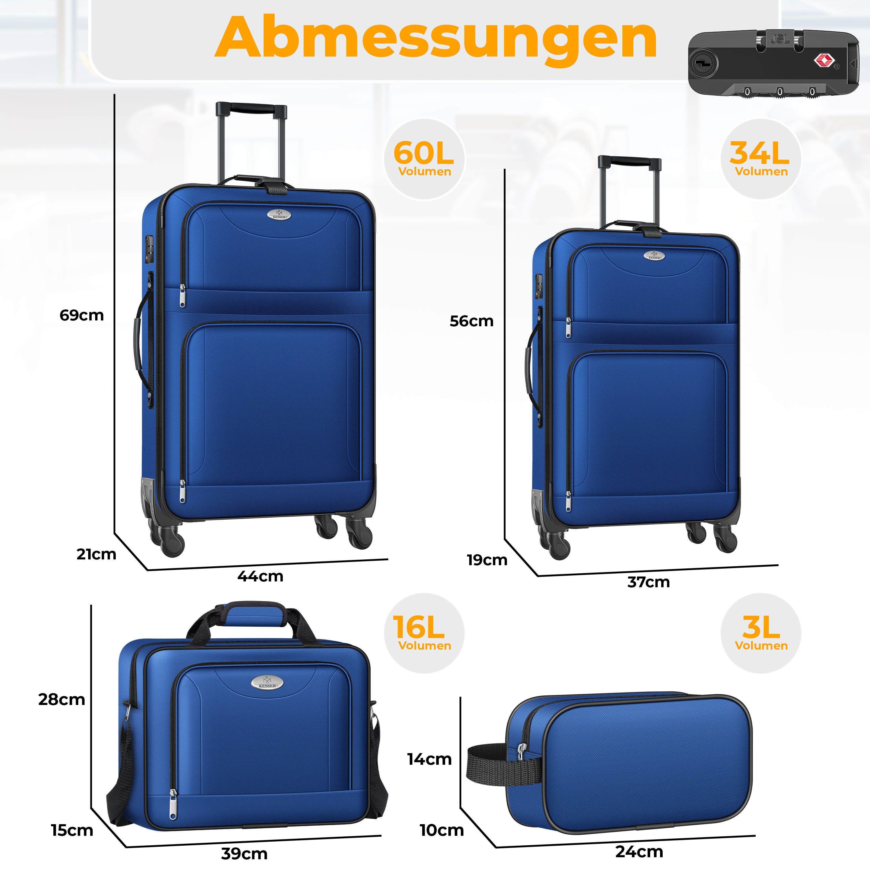 KESSER Kofferset, 4 Rollen, (Kosmetiktasche Handgepäck leichter Koffer & große Koffer), mit 3-Ziffern-TSA-Schloss, 360° Rollen & Teleskopgriff