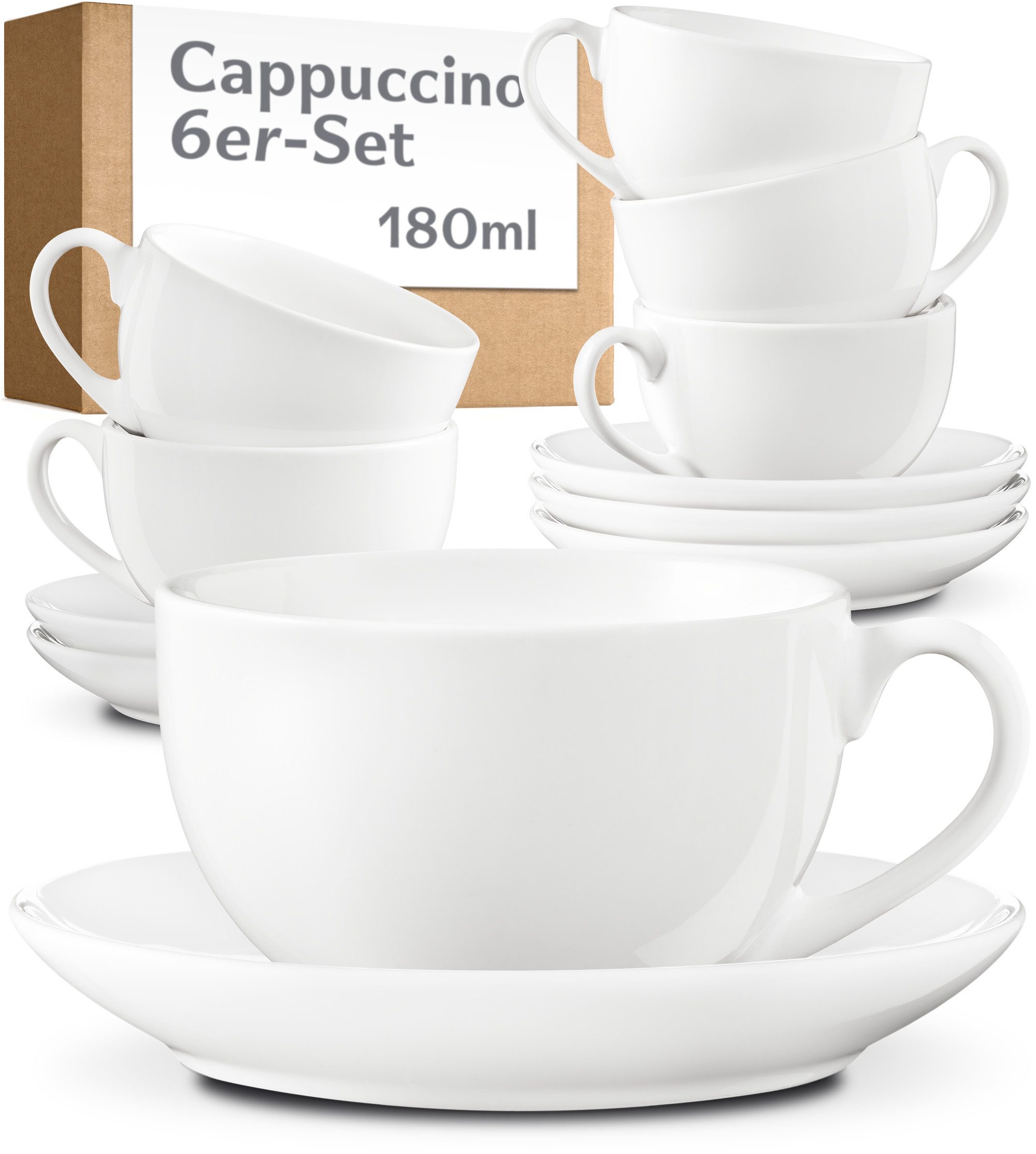 Cosumy Cappuccinotasse Cappuccino Tassen Set 6er mit Untertassen – Kaffeetassen Keramik 180ml, 6-tlg., Keramik, Mit Untertassen - Hält Lange warm - Spülmaschinenfest - 180ml