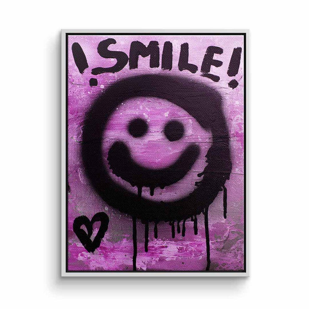 emoji smilie lächle smile goldener schwarz lila graffiti Rahmen DOTCOMCANVAS® mit Leinwandbild, Leinwandbild premi