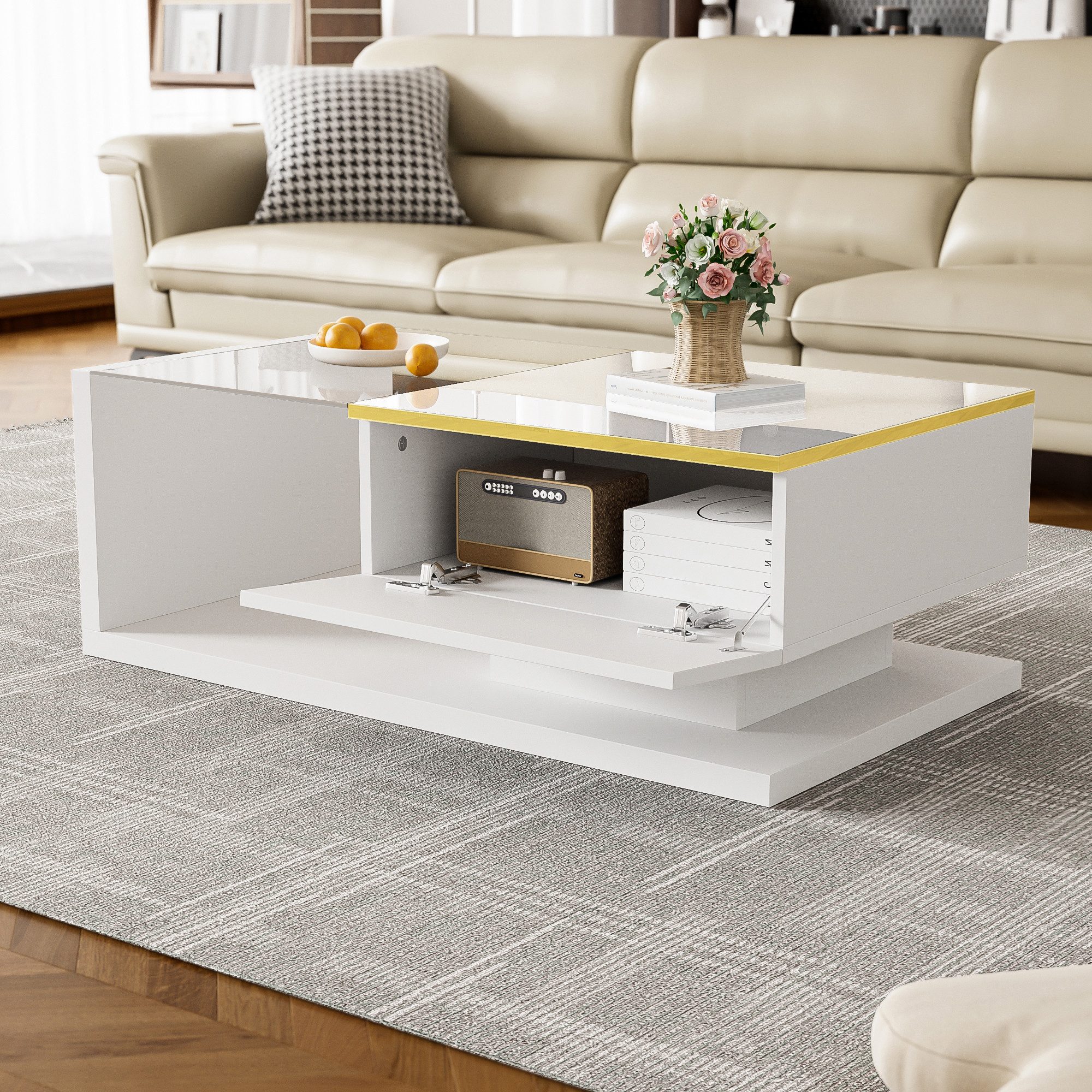 Merax Couchtisch mit Ablagefach und Glastischplatte (90*50*32,5cm, 1-St., 1 Tisch), Beistelltisch Hochglanz mit LED, Wohnzimmertisch Kaffeetisch Satztisch – Bild 3 von 5