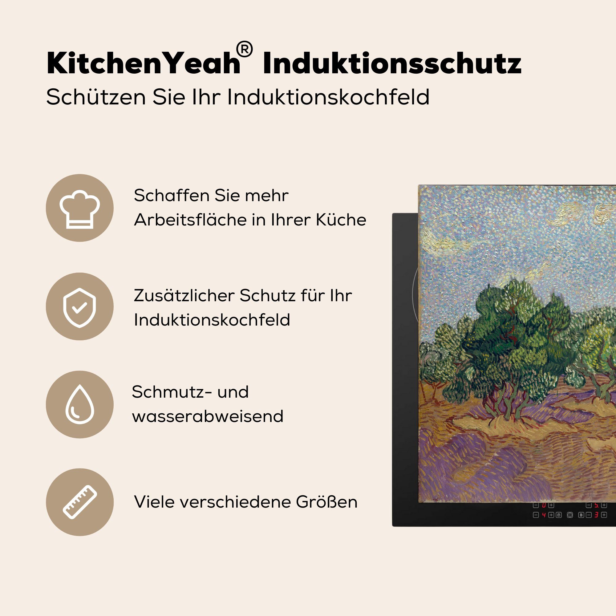 Vincent Ceranfeldabdeckung die Gogh, Induktionsmatte MuchoWow van tlg), cm, Himmel für hellblauem küche, (1 - Herdblende-/Abdeckplatte 59x52 Vinyl, Olivenhain mit