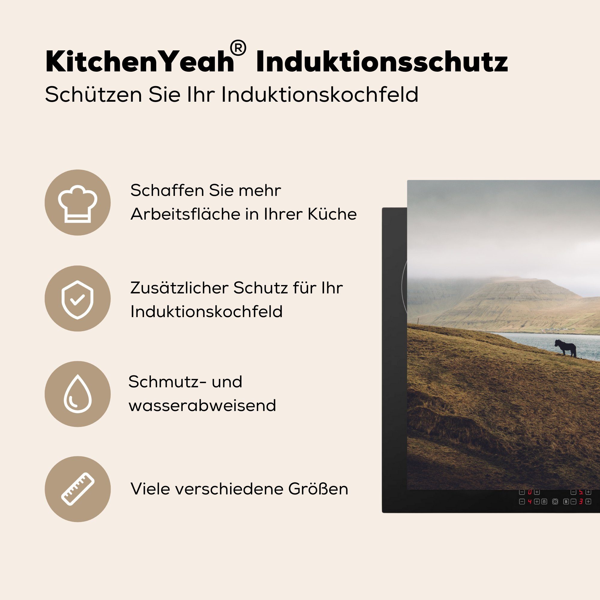 Vinyl, - Herdblende-/Abdeckplatte Landschaft, Arbeitsplatte Berg Pferd für tlg), Ceranfeldabdeckung, 78x78 - MuchoWow küche (1 cm,