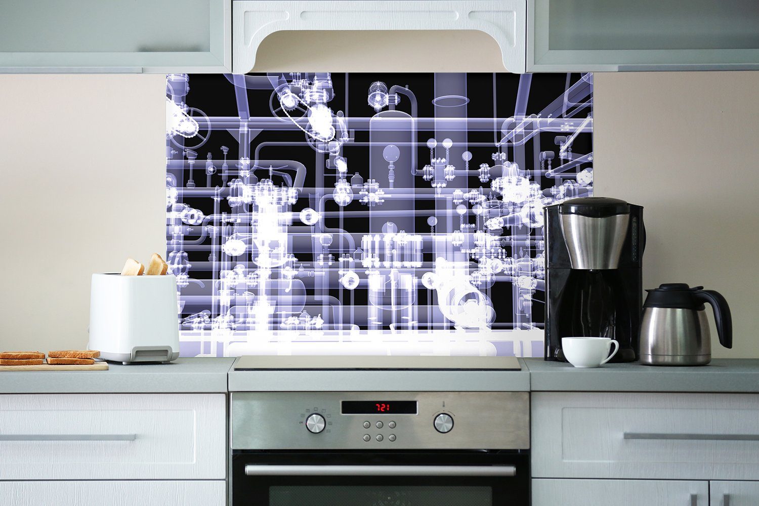 und Küchenrückwand Maschine unter Rohren, Transparente mit (1-tlg) Röntgen Wallario Zahnrädern