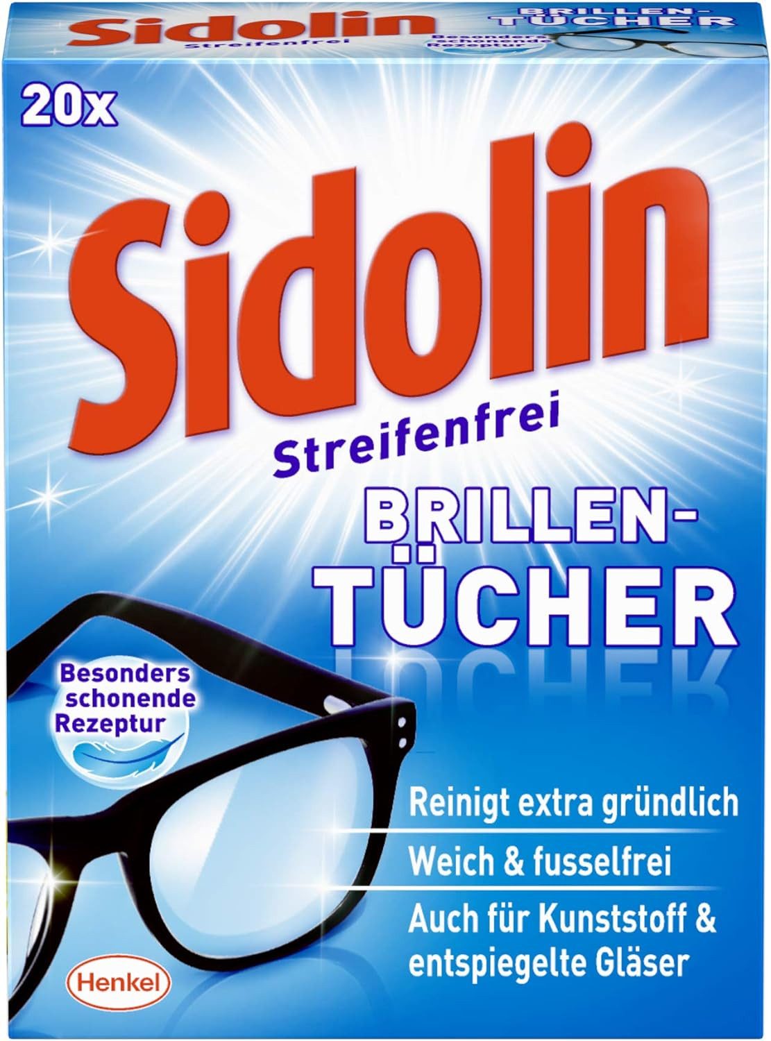 SIDOLIN Sidolin Brillentücher Streifenfrei Reinigung 20 Stück Reinigungstücher (20-tlg., Extra Soft, für Brillen, Displays, Bildschirme)