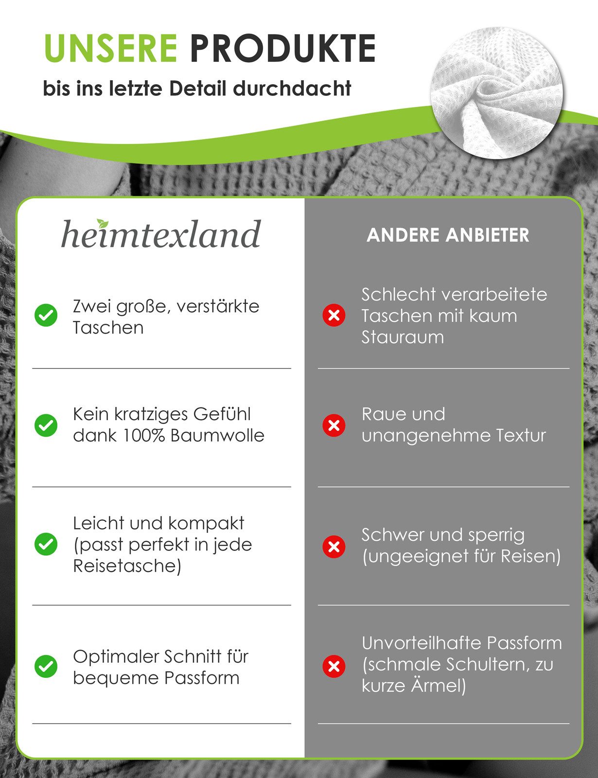 heimtexland Bademantel Reisebademantel Saunamantel Waffelpique Bademantel, Midilänge, 2 Taschen I Bindegürtel, Gürtel, leicht I atmungsaktiv I kleines Packmaß I 100% Baumwolle