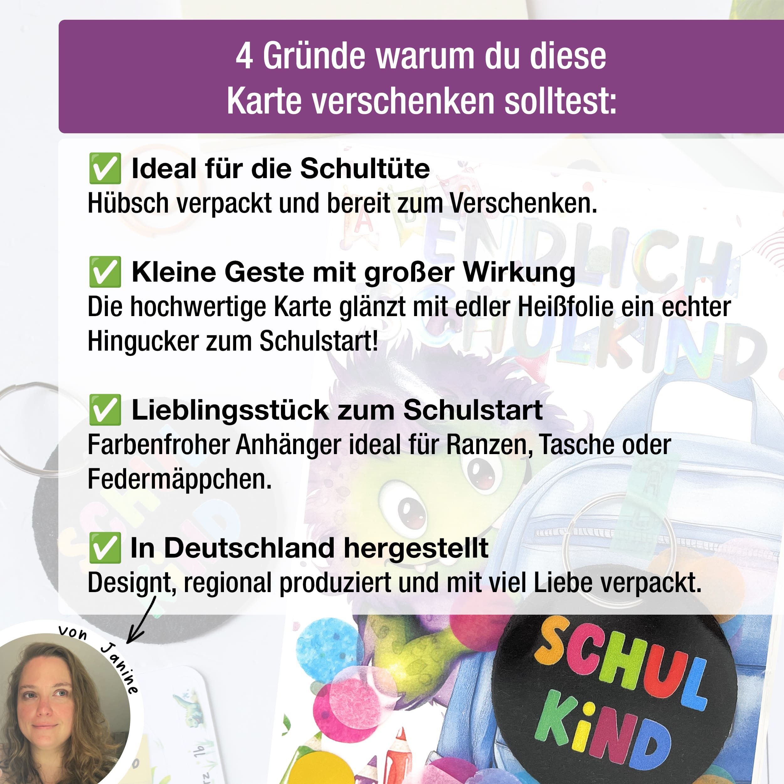 TOBJA Schulanfangskarte Geschenk Einschulung Jungen Anhänger Schultüte Monster, Schlüsselanhänger Schulkind, für Zuckertüte