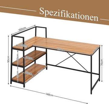 KOMFOTTEU Computertisch L-förmig, Schreibtisch, Arbeitsplatz, 148 x 100 x 90 cm