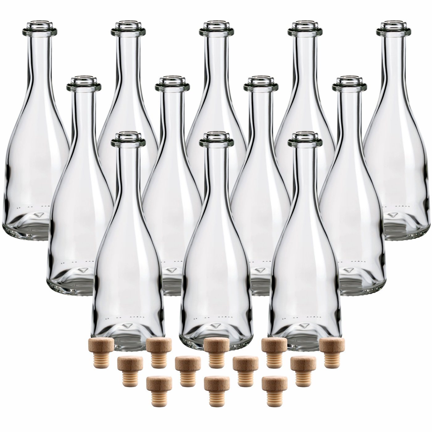 gouveo Trinkflasche 12er Set Glasflaschen 200 ml “Rustica” mit Korken - Korken-Flasche, Holzgriffkorken