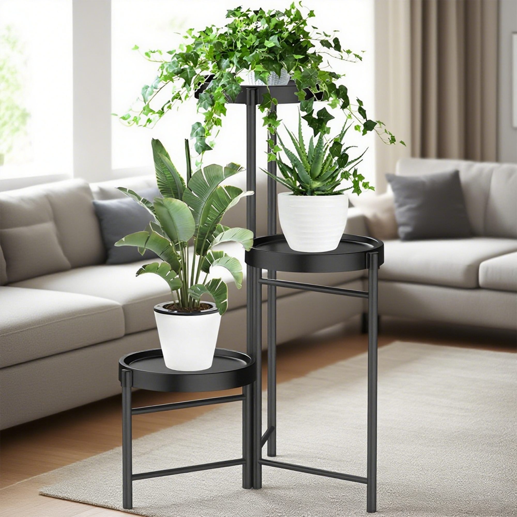 YINDN Blumenständer 3 Ablagen Faltbarer Blumenhalter, Einstellbarer Metall Pflanzenständer (Pflanzenhalter, Blumentopfhalter, Topfpflanzenständer, Blumenhocker, Blumentopfständer, Blumenregal, für Wohnzimmer, Schlafzimmer, Balkon)